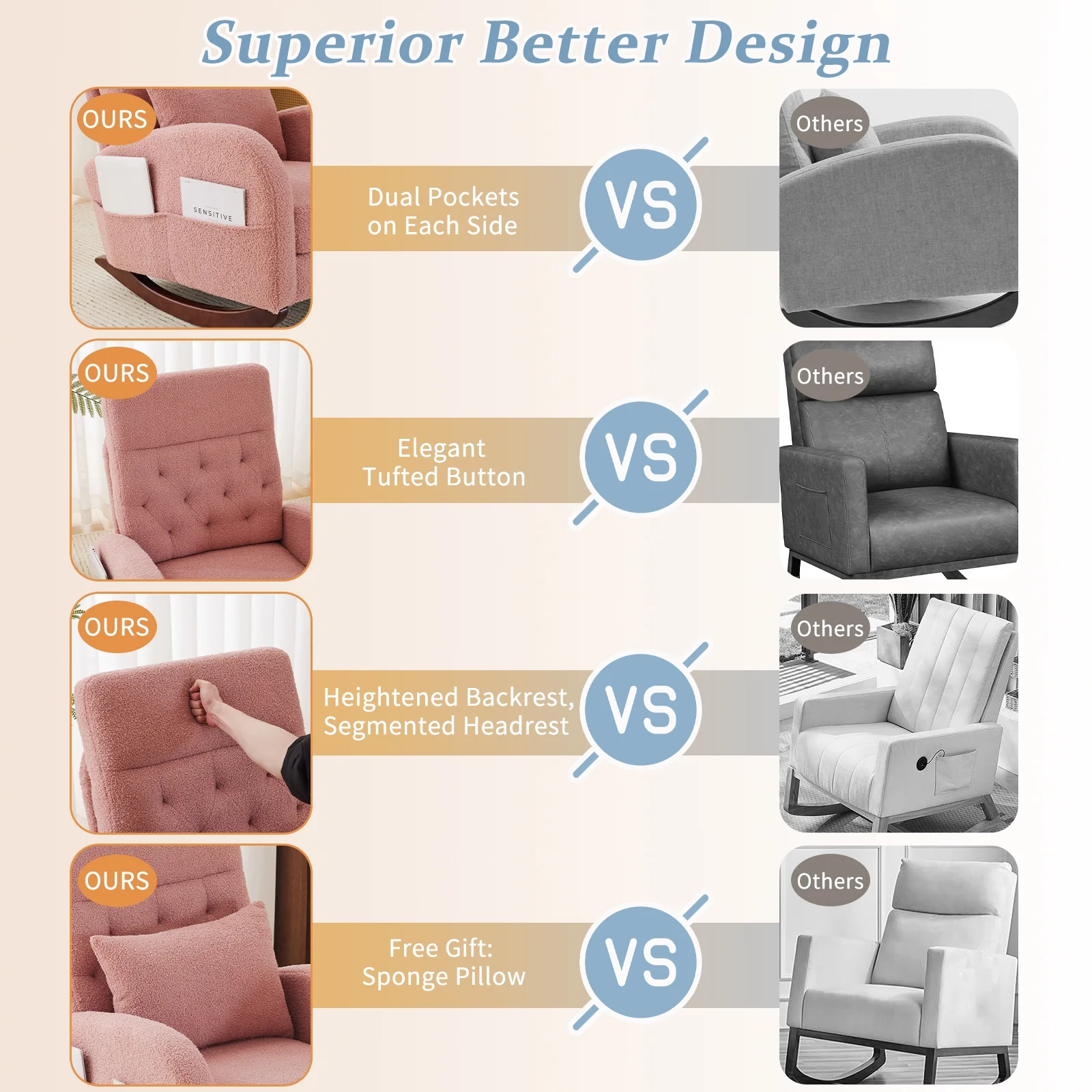 Ktaxon Rocking Accent Chair Glider Reading Chair Comfy Teddy Velvet Upholstered Single Sofa Rocker for Living Room, Nursery, Bedroom Beige