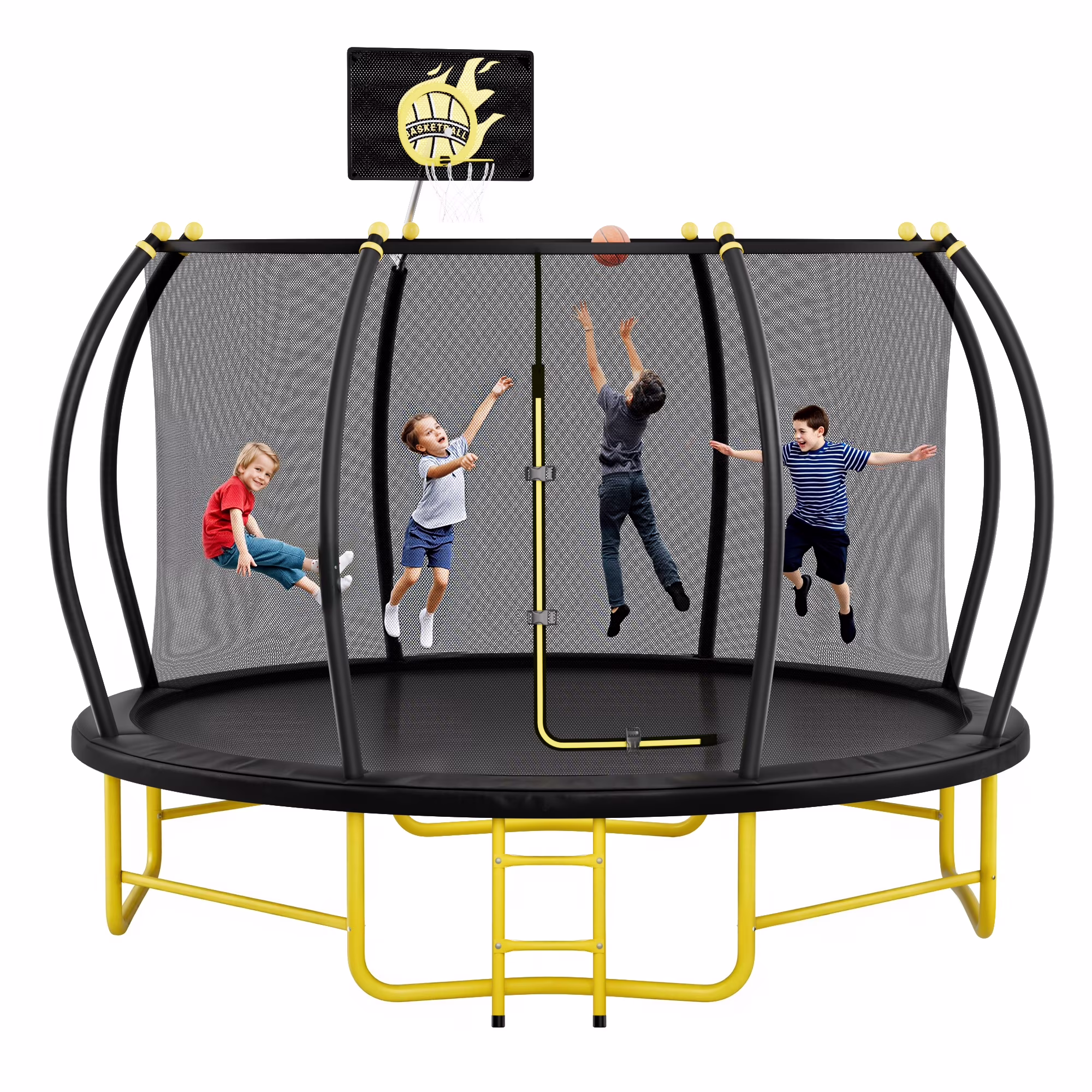 14FT Outdoor Trampoline with Balance Bar, Pumpkin Trampolines with No Screws Installation Frame, Curved Poles& Basketball Hoop