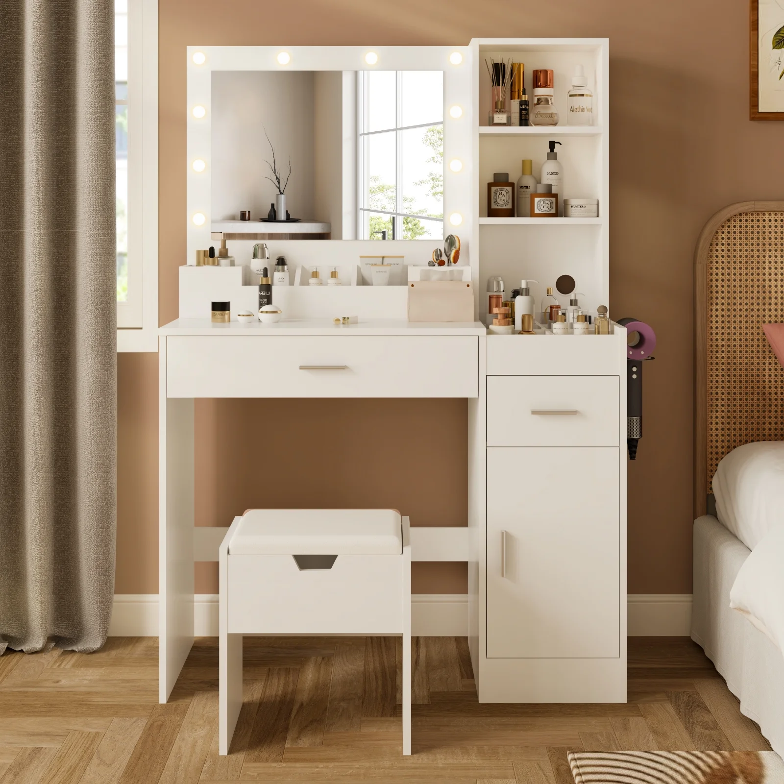 Vanity Table Set with Mirrors and Adjustable Lights ,Makeup vanity With Power Outlet for Bedroom Dressing Room,White