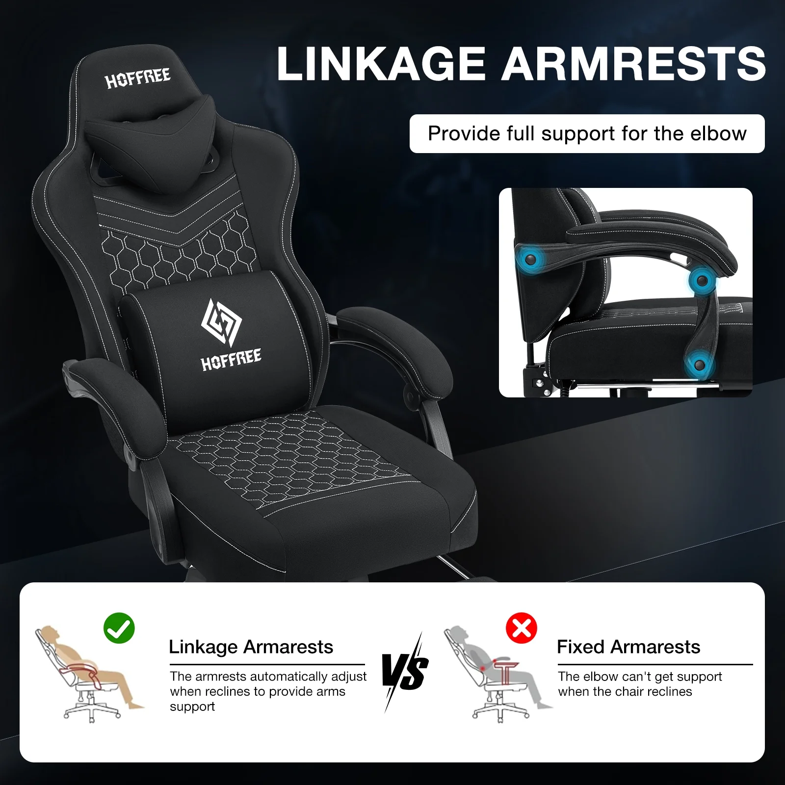 Hoffree Gaming Chair with Speakers Fabric Gamer Chair with footrest and massage Big and Tall Video Game Chair with Headrest and Lumbar Support for Adults