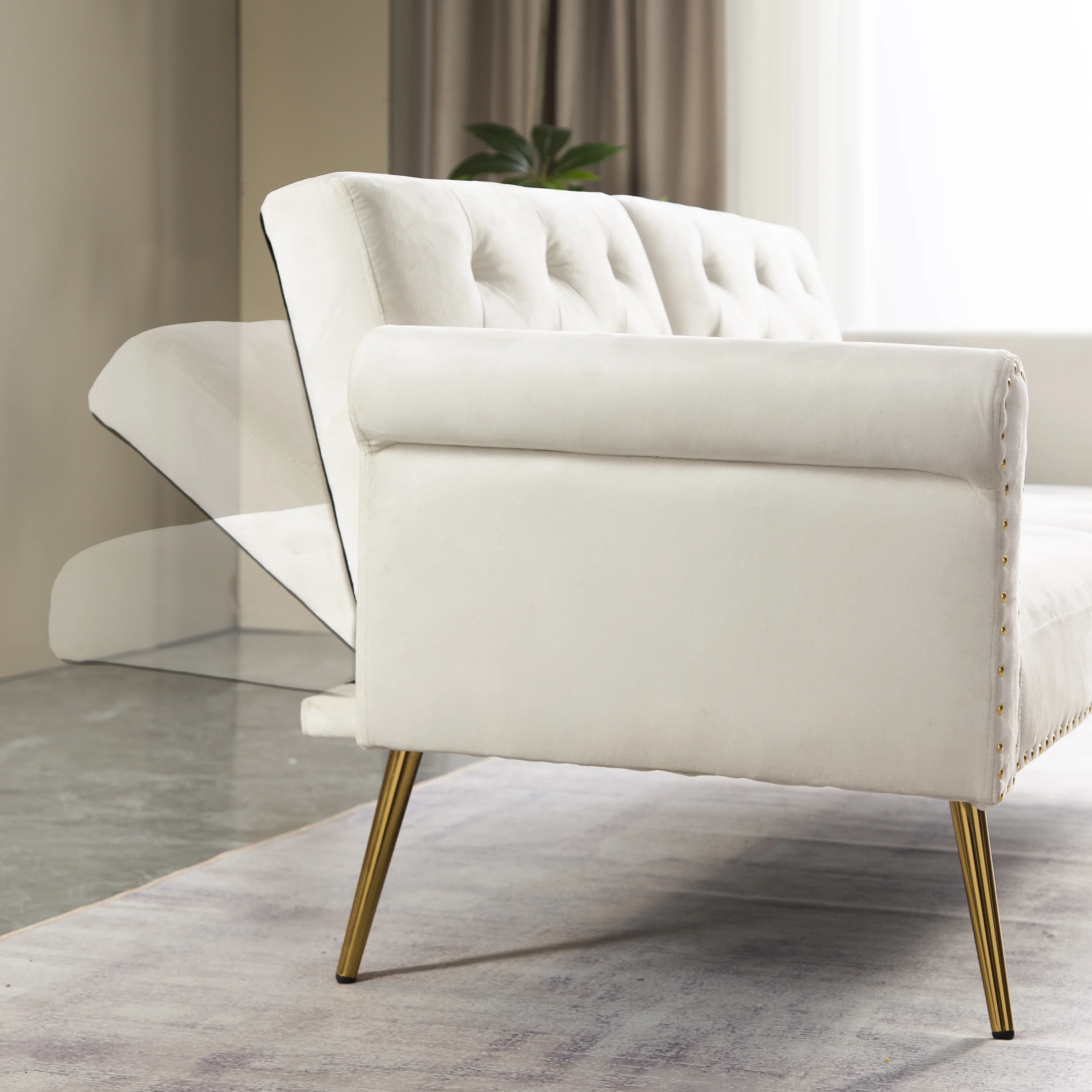 Convertible Futon Sofa Bed,Velvet Upholstered Nailhead Loveseat Sofa with Two Pillows,Modern Sleeper Couch Bed for Living Room,Bedroom,Green