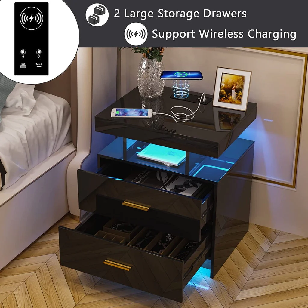 LED Nightstand, 2 Drawers Bedside Tables with Wireless Charging Station 2 Outlets and 2 USB Ports,Bedroom Nightstand with RGB 30 LED Light Mode App and Remote Control,Black