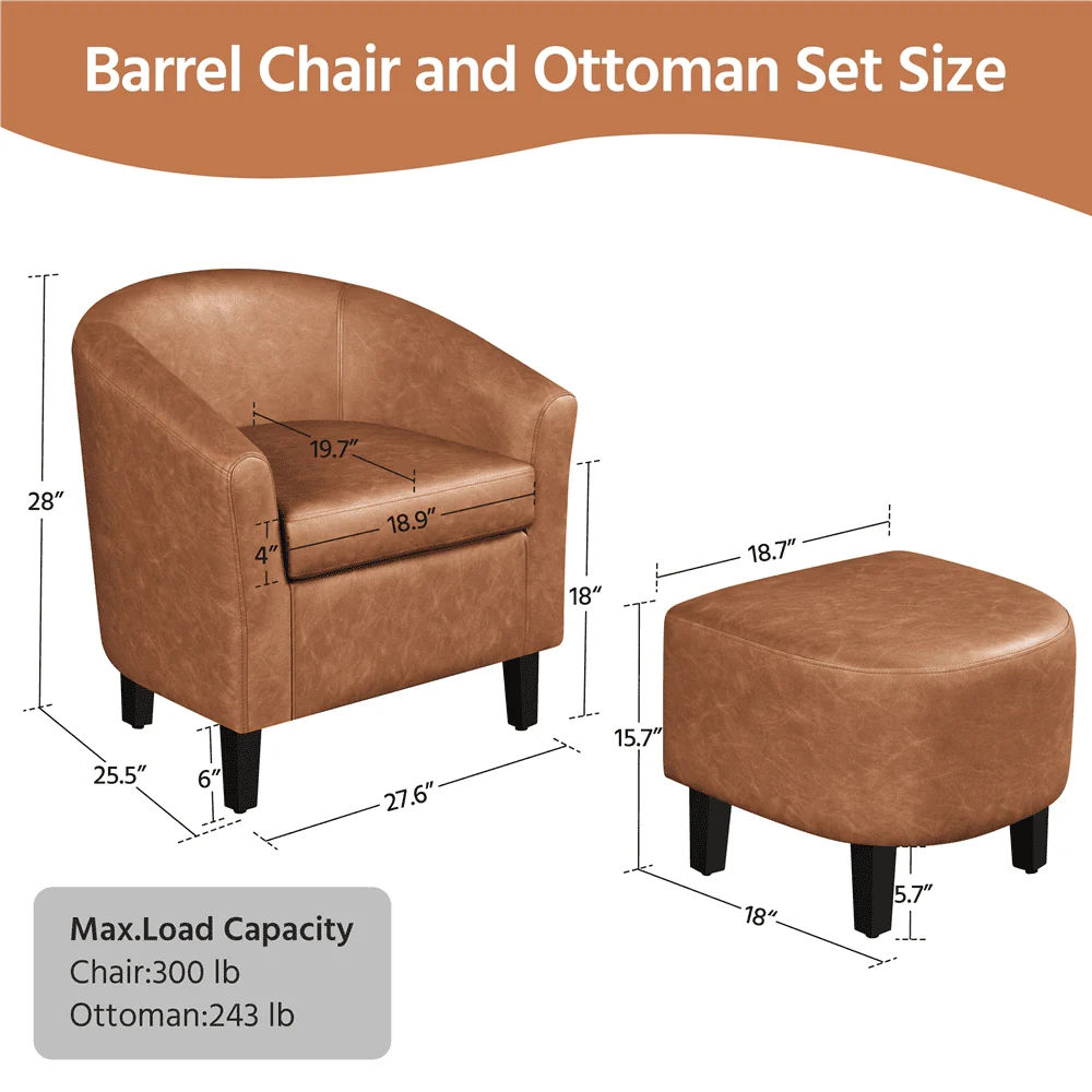 Easyfashion Barrel Accent Chair with Ottoman, Brown Faux Leather