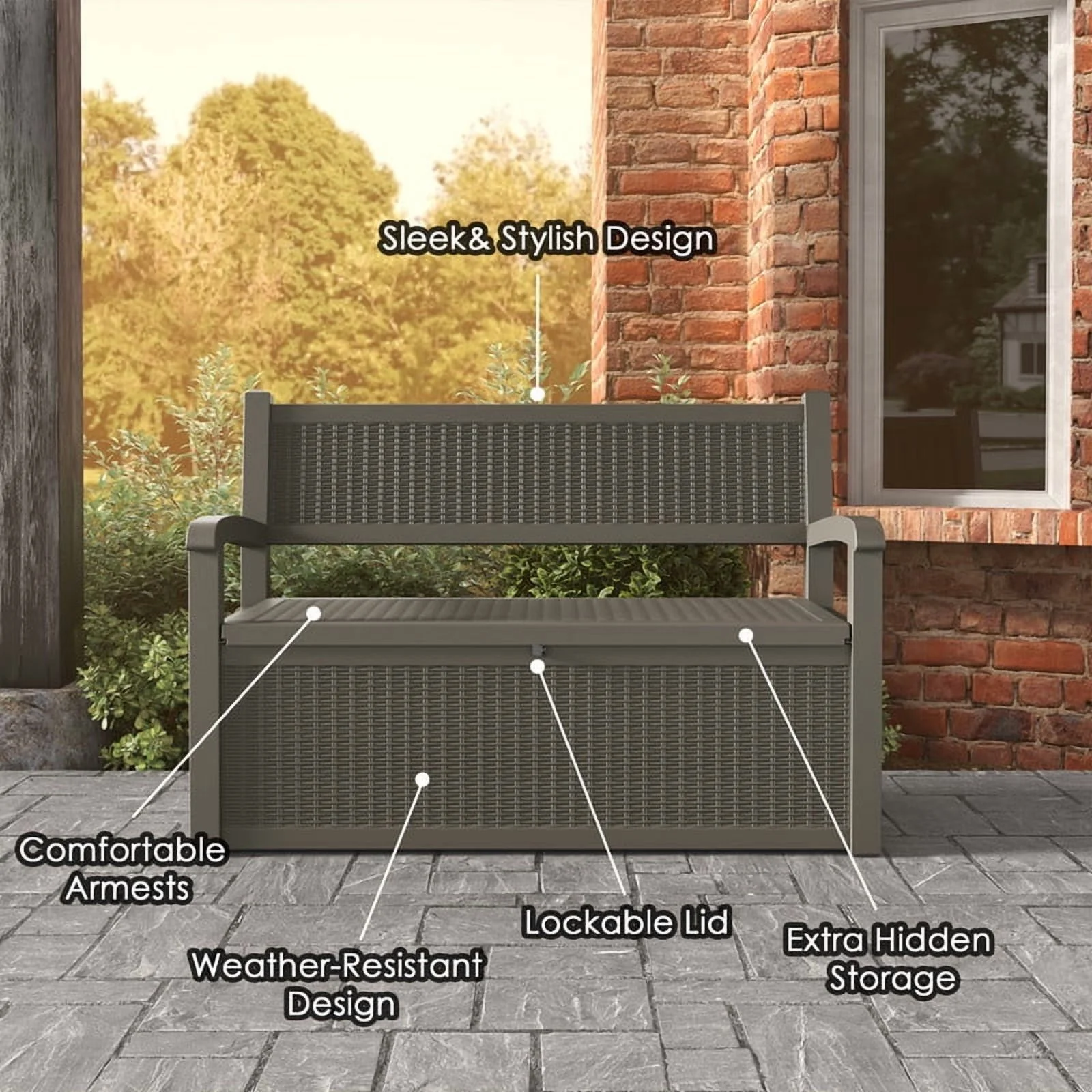 Bifanuo 70 Gallon Storage Bench Deck Box for Patio Furniture with Armrest Bench Outdoor Storage Water-Resistant Deck Box for Garden Tools,Pool Storage and Outdoor Cushions,Grey