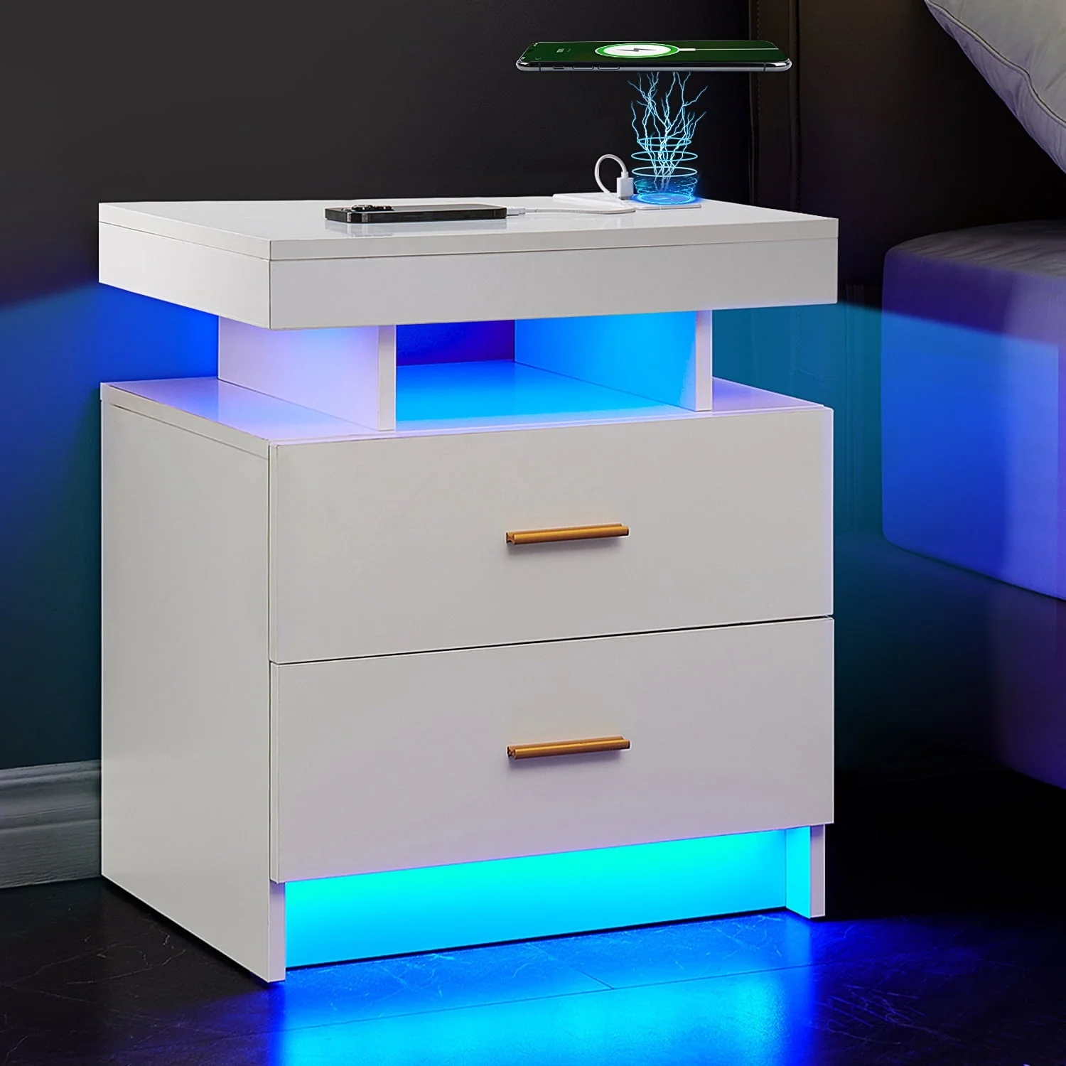 LED Nightstand, 2 Drawers Bedside Tables with Wireless Charging Station 2 Outlets and 2 USB Ports,Bedroom Nightstand with RGB 30 LED Light Mode App and Remote Control,Black