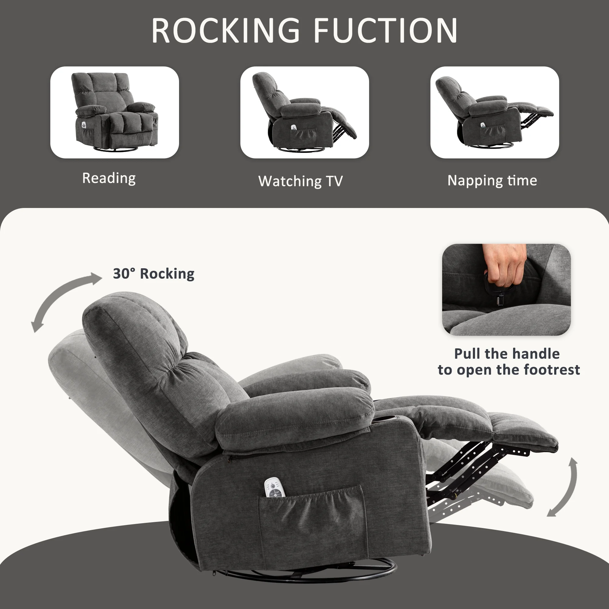 JONPONY Manual Recliner Chair with Heat Therapy and Massage Function, Heavy Duty Reclining Mechanism Massage Chair, Elderly Single Rocker Sofa with Cup Holders for Bedroom Home Theater,Grey