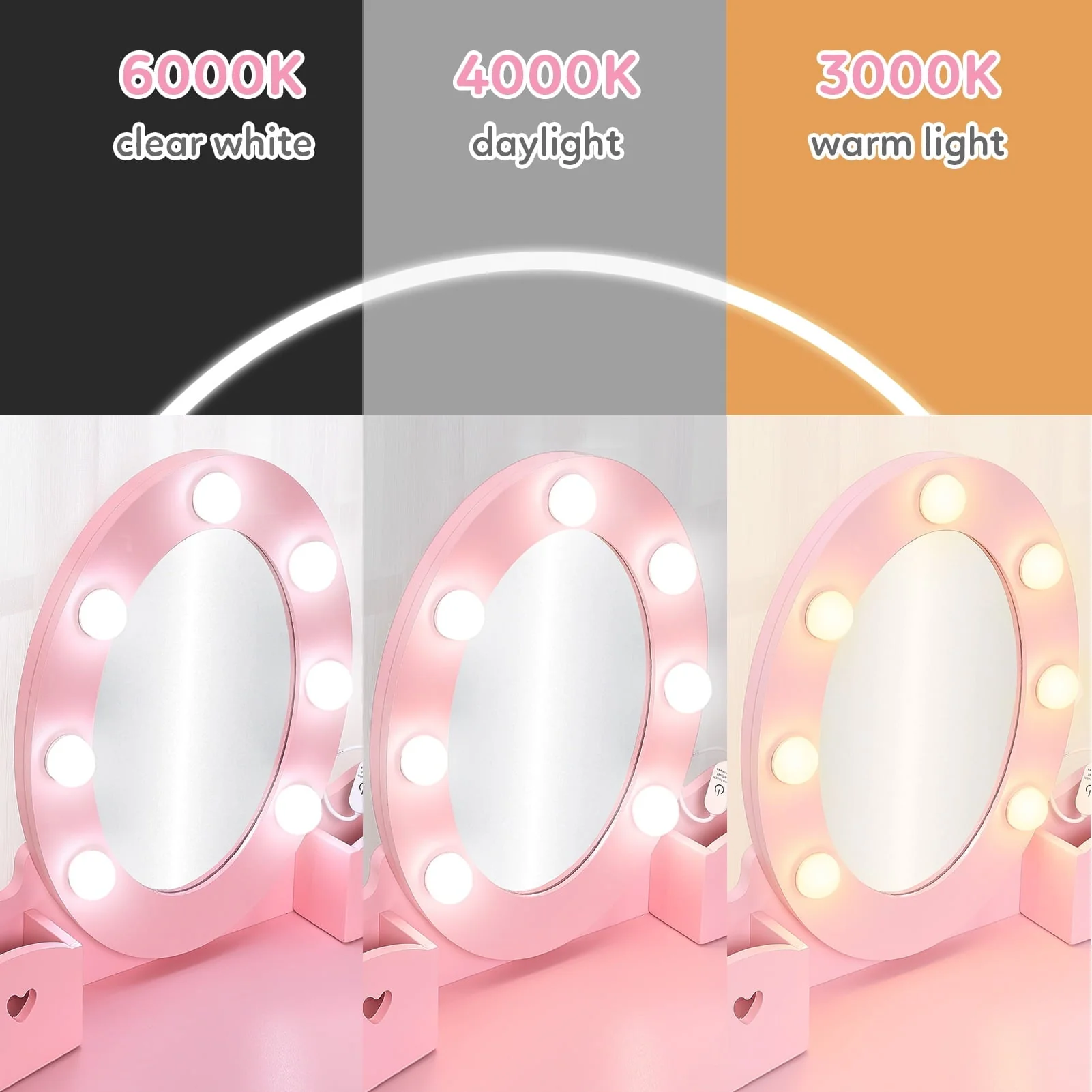 Girl Vanity Table and Chair Set, Kids Wood Makeup Dressing Table with Lights, Mirror, Drawer & Stool