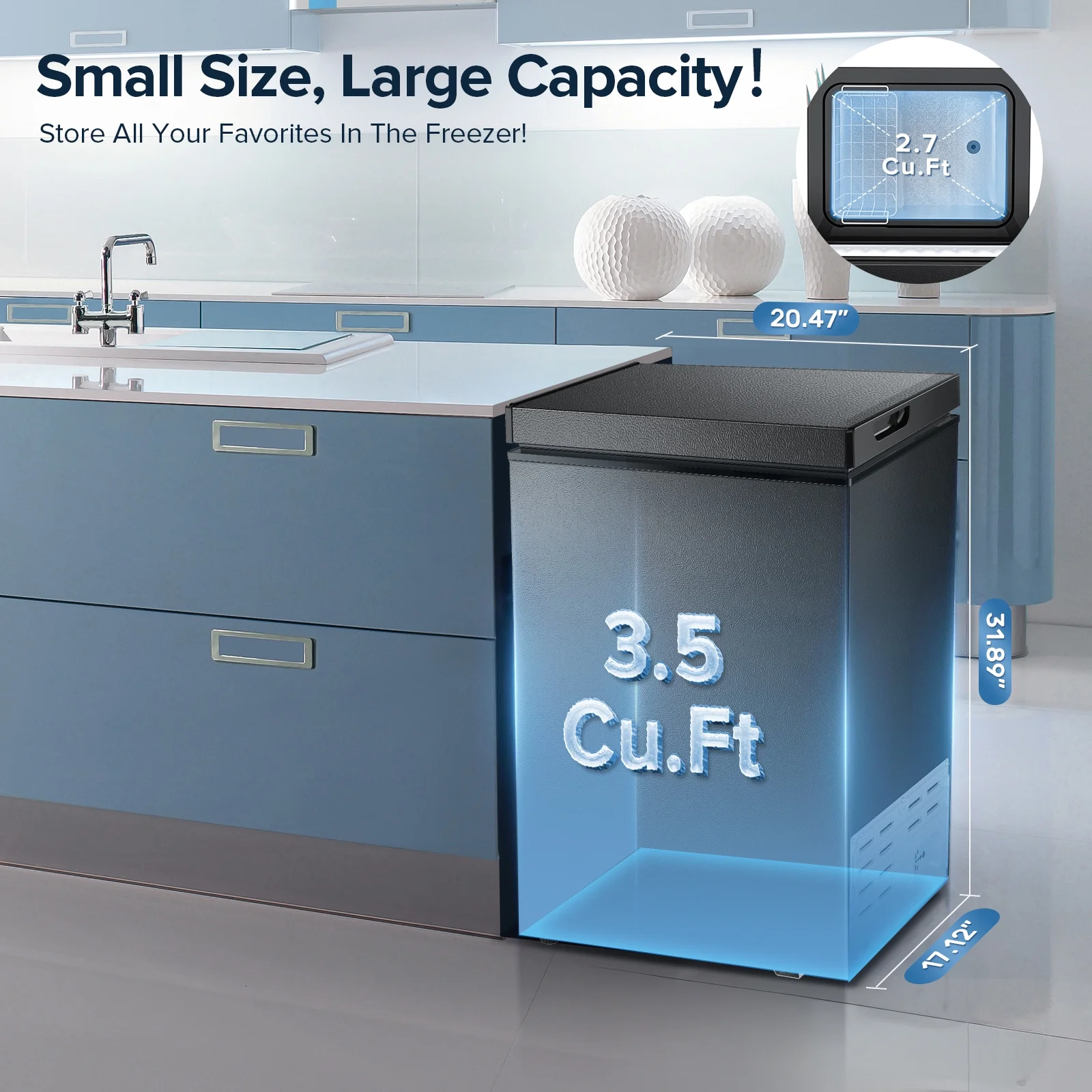 LHRIVER Mini Freezer Chest 3.5 cu ft, Deep Freezer & Side Handle, Compact Freezer with 7 Gear Adjustable Temperature, Removable Storage Basket, Black