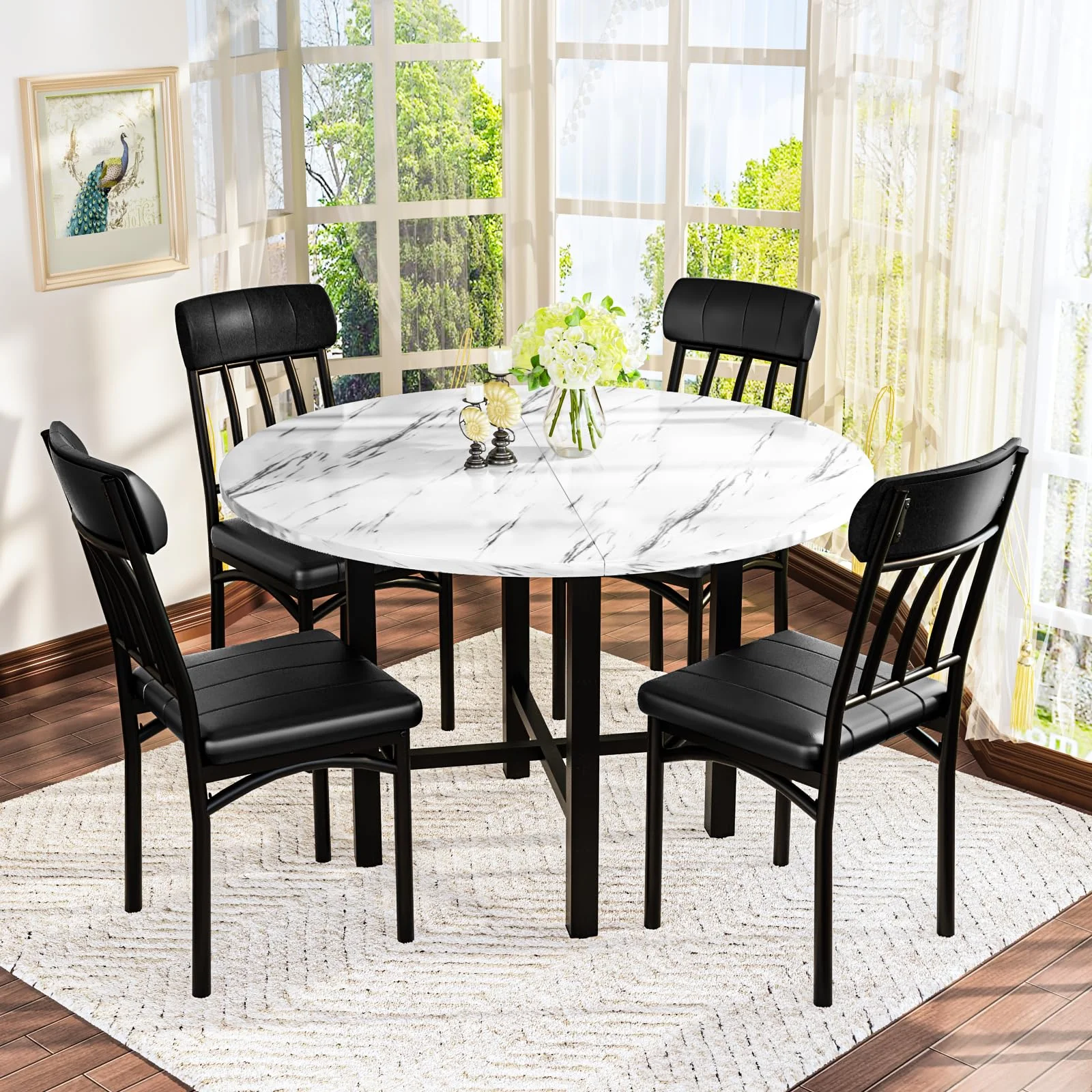 Furlinkhm Round Dining Table Set for 4, Wood Round Kitchen Table and Chairs Set for 4, Modern Dining Room Table Set with 4 Faux Leather Chairs, Round Dinner Table for Small Space, Walnut