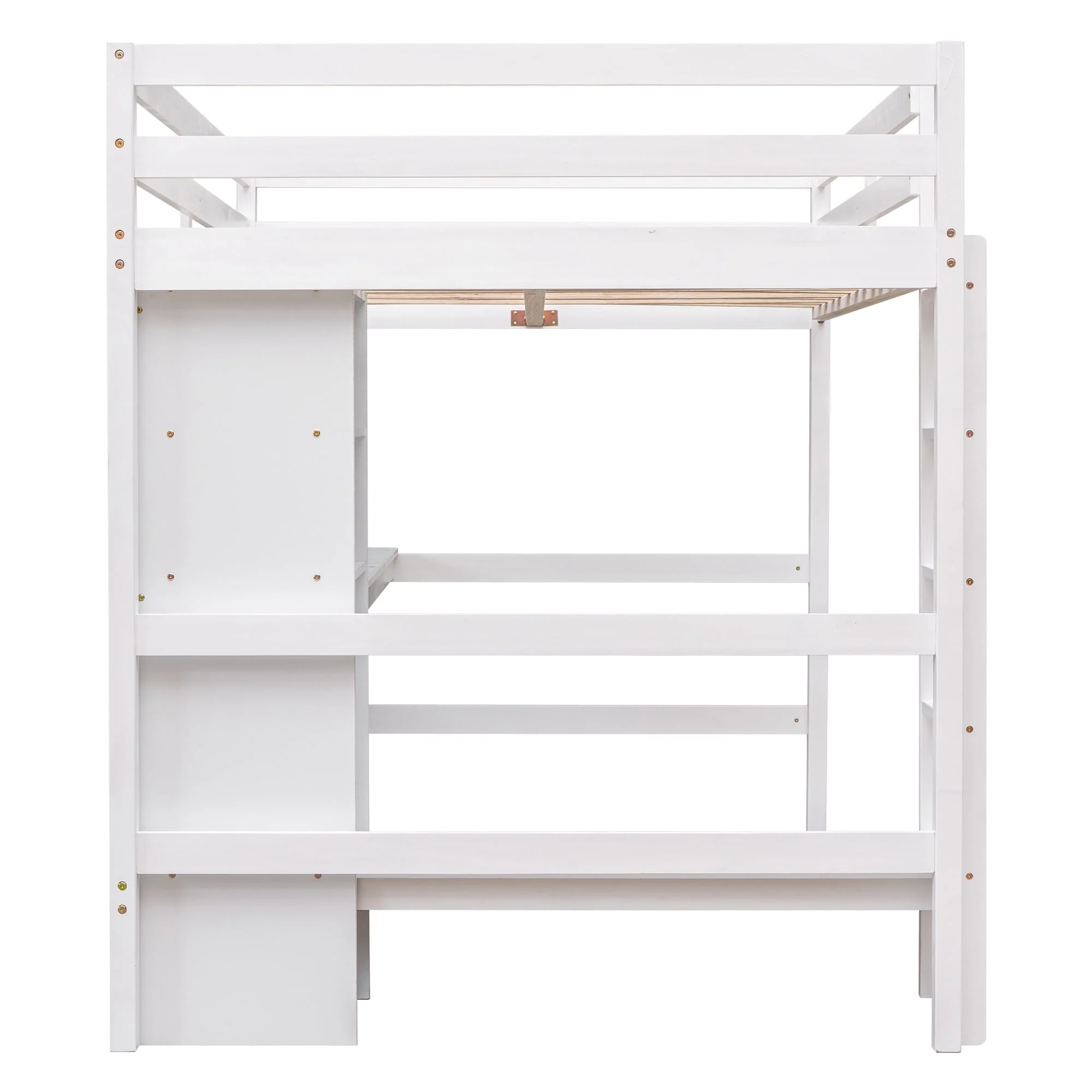 Euroco Full Size Loft Bed with Desk, Shelves and Bench for Kids Room, Solid Wood Bed with Relax Bench, White