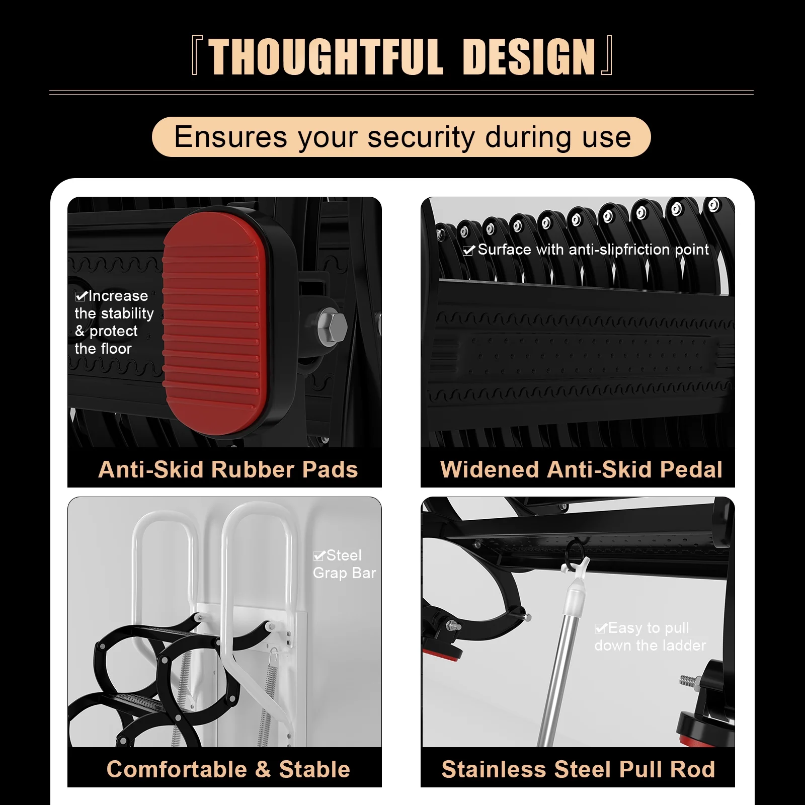 Mad Hornets Wall Mounted Folding Ladder Black Loft Attic Stairs Pull down 12 Steps