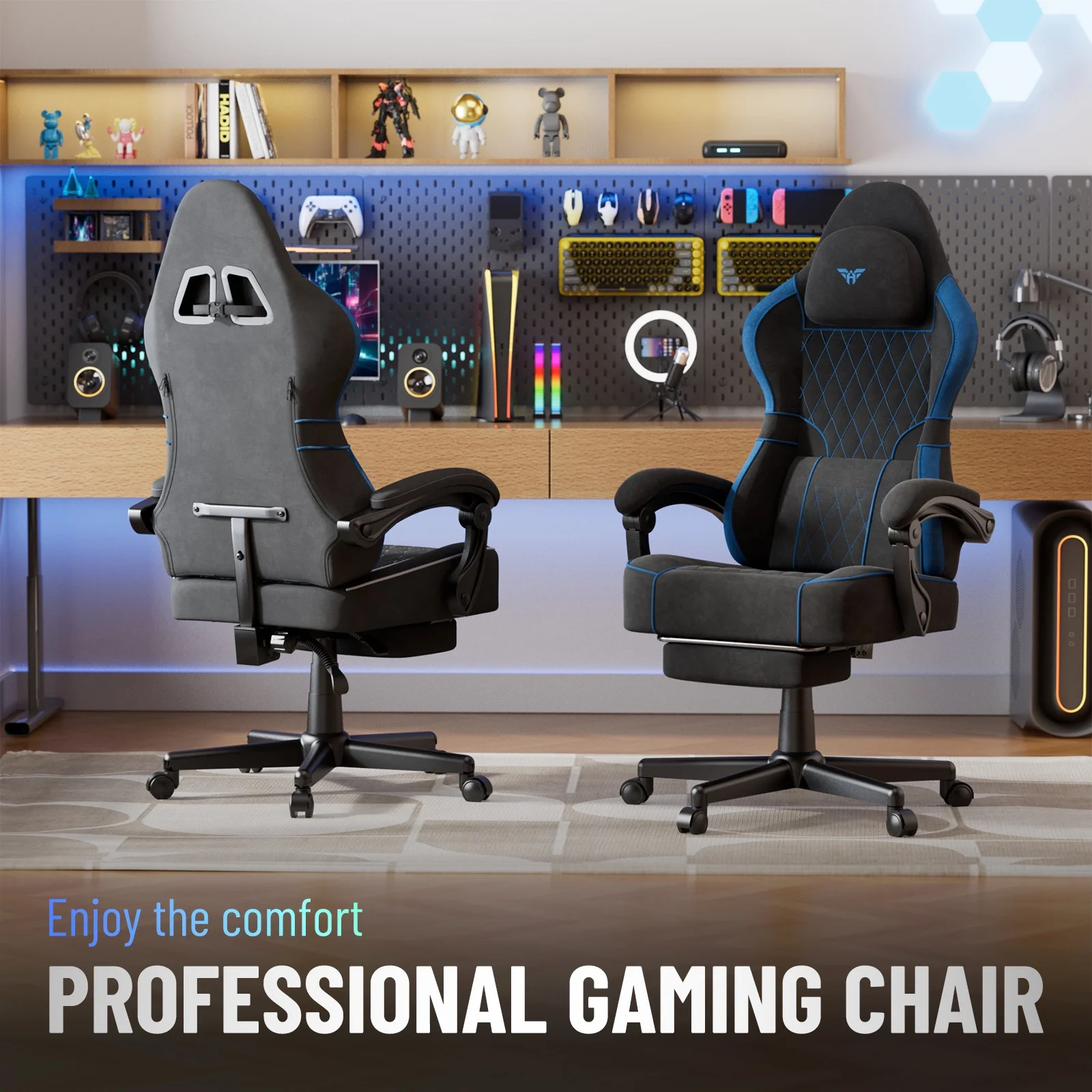 SOONTRANS Gaming Chair for Adults, Velvet Fabric High Back Comfortable Video Game Chair with Footrest and Massage Lumbar Cushion, Racing Computer Desk Chair, Ergonomic Gamer Chair, Black/Grey