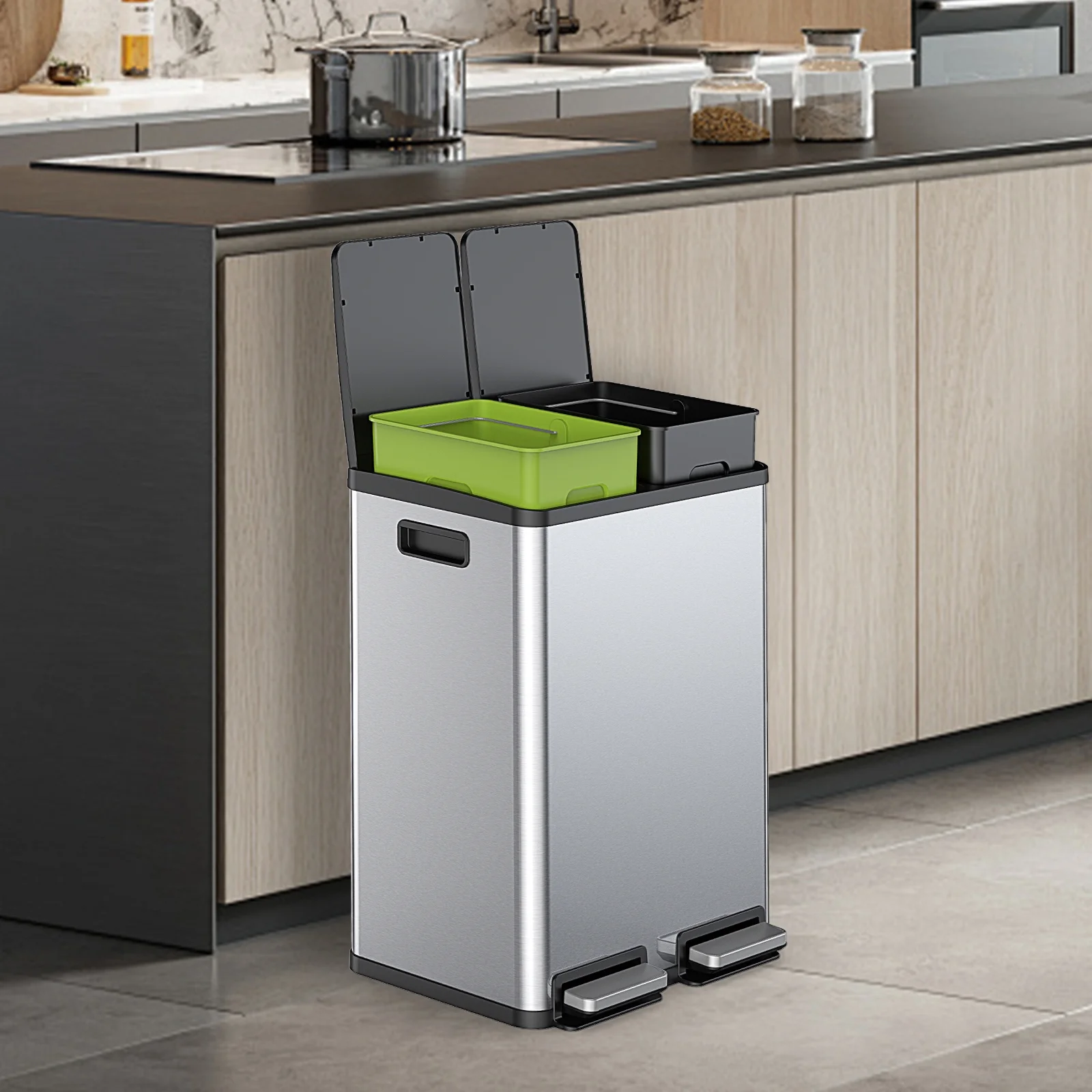 GIANNA Kitchen Trash Can with Soft-Close Foot Pedal, 60 Liter Large Stainless Waste Bin, For Home Kitchen Office, Silver