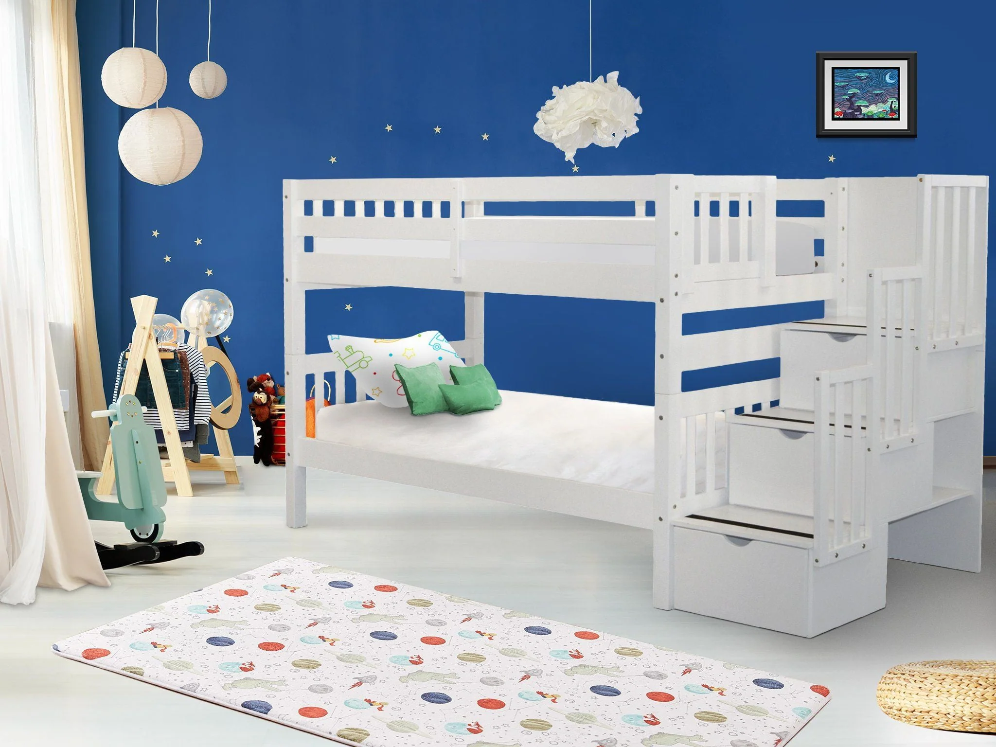Bedz King Stairway Bunk Beds Twin over Twin with 3 Drawers in the Steps, White