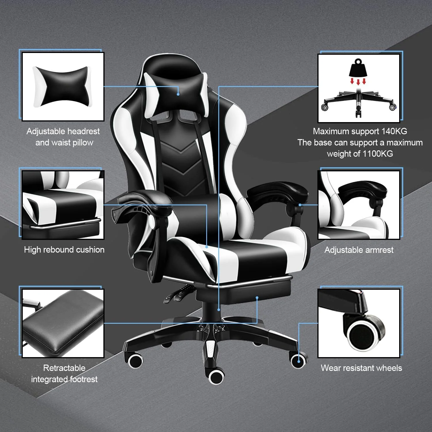Gaming Chair with Adjustable Footrest,Eighteentek High Back Office Chair with Lumbar Support & Adjustable Headrest Video Game Chairs for Adults Black
