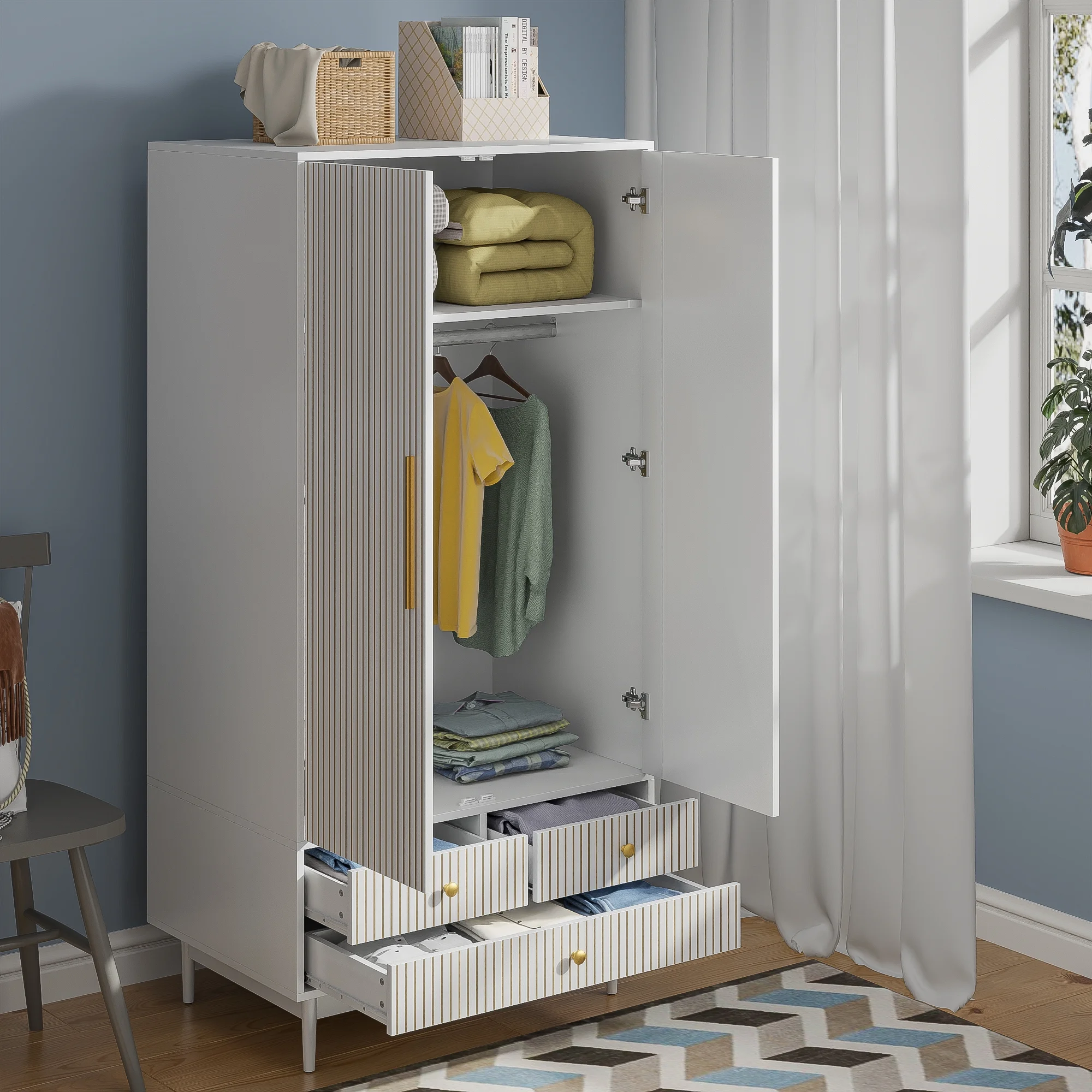 Armoire Wardrobe Closet, Closet Wardrobe Cabinet with Drawers and Hanging Rail for Bedroom, White