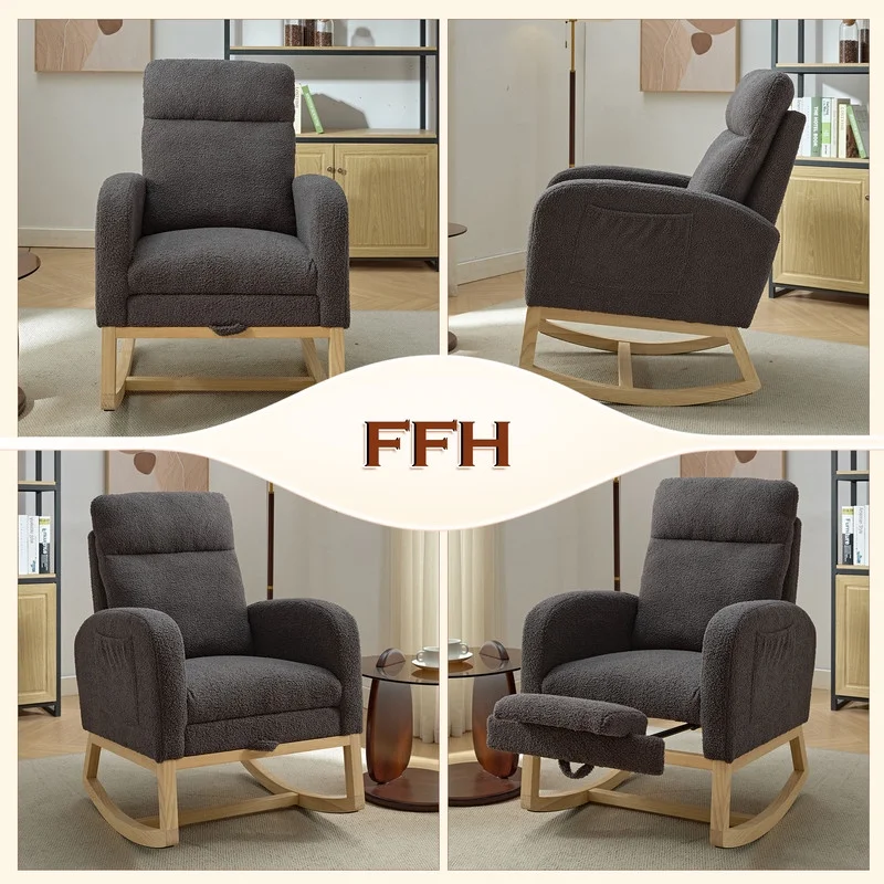 FFH Rocking Chair Nursery, Tufted Accent Rocker Chair, Upholstered Armchair with Adjustable Footrest, Side Pocket, High Backrest, Padded Seat, Polyester Blend (Retro, Dark Gray)
