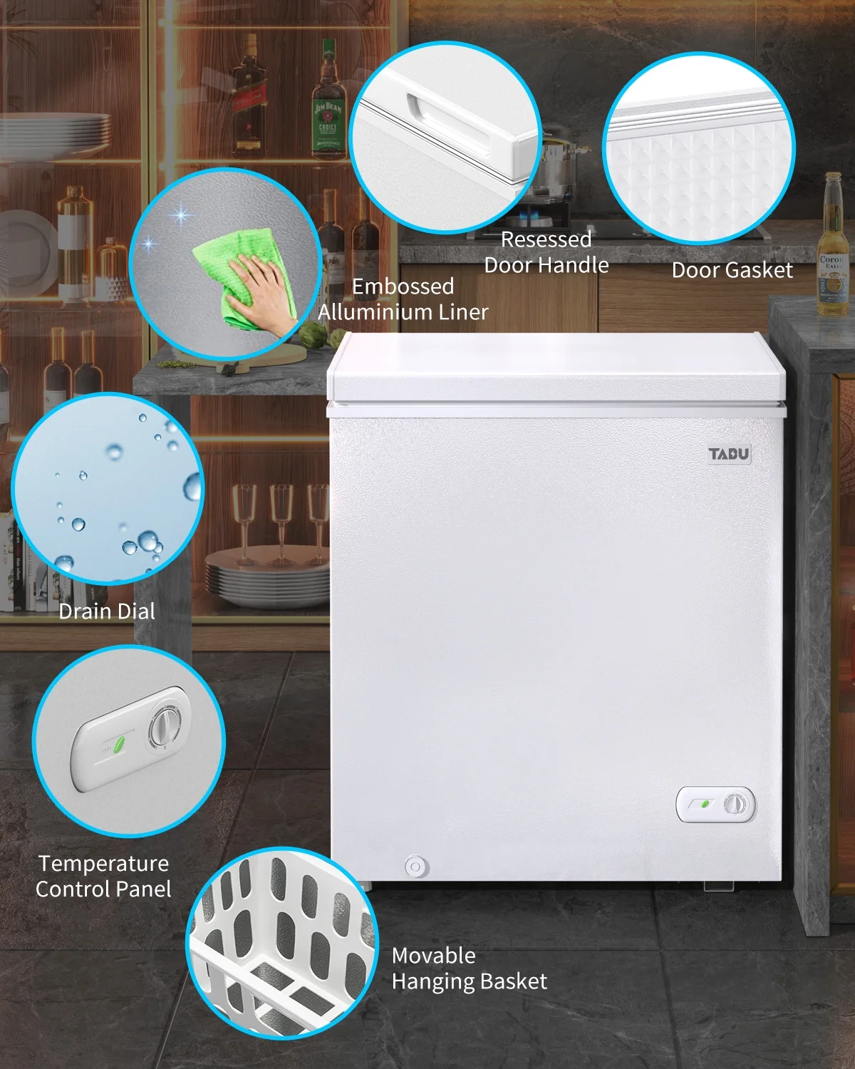 TABU 3.5 Cu ft Chest Freezer,Deep Freezer with Top Open Door and Removable Storage Basket, (Black)