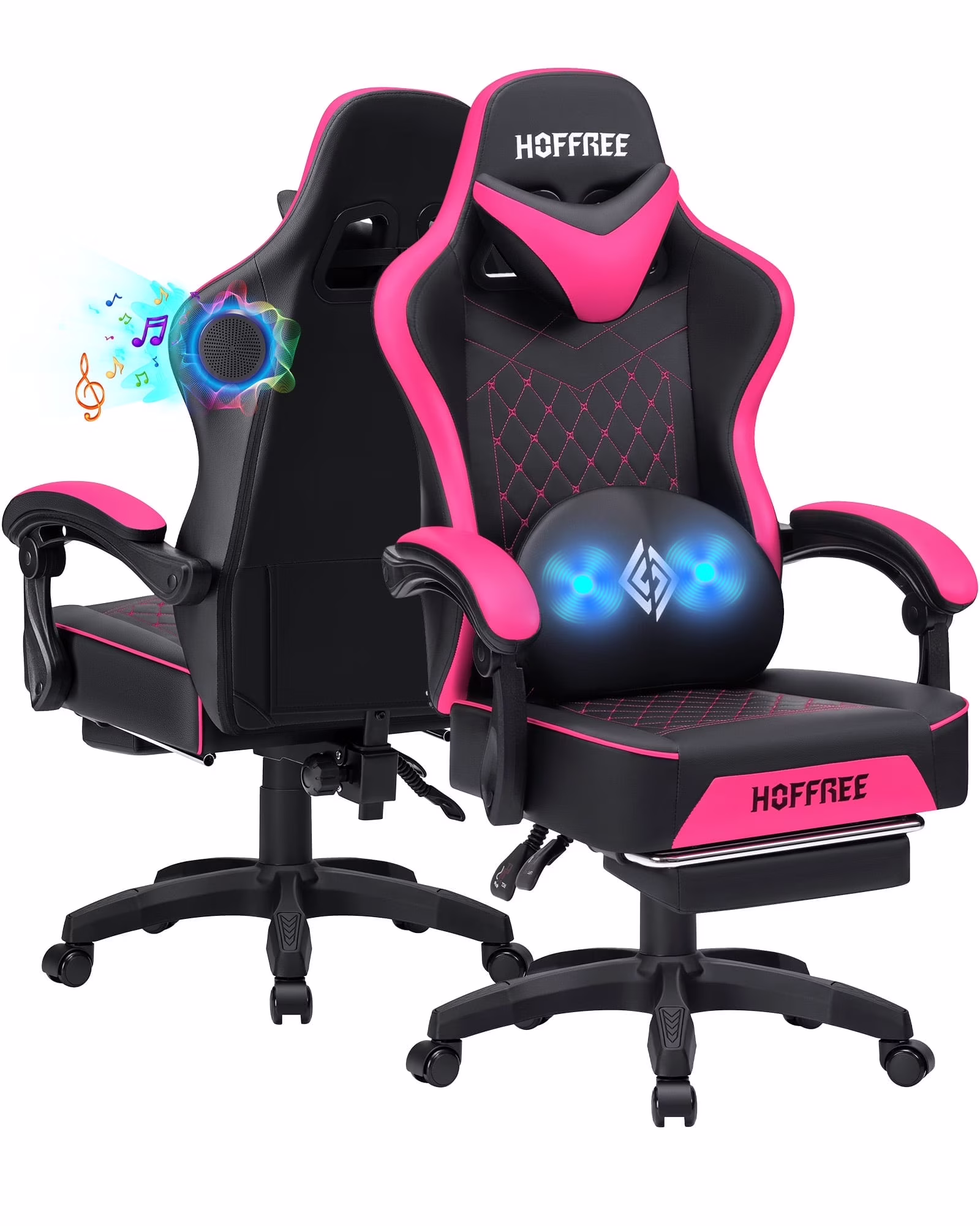 Hoffree Gaming Chair with Speakers PU Gamer Chair with footrest and massage Egonomic Computer Game Chair with Headrest and Lumbar Support for Adults and Office Gaming, 440 LBS
