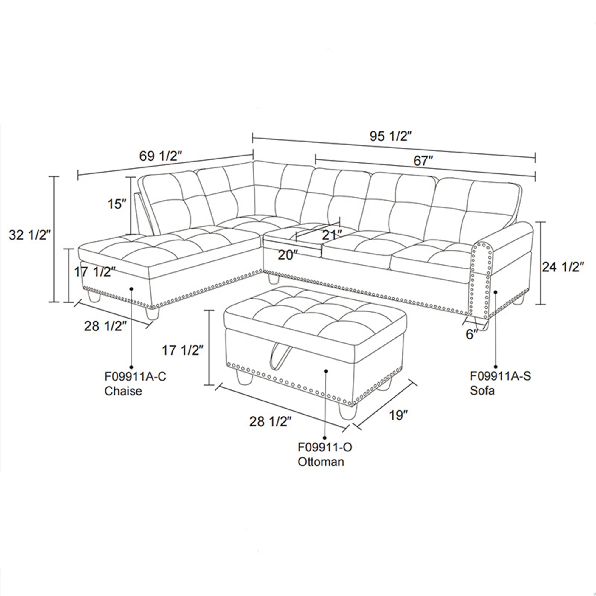 Aukfa 3 Piece Sectional Sofa, Living Room Couch with Storage Ottoman&Cup Holder, Linen, Left Hand, Black Gray