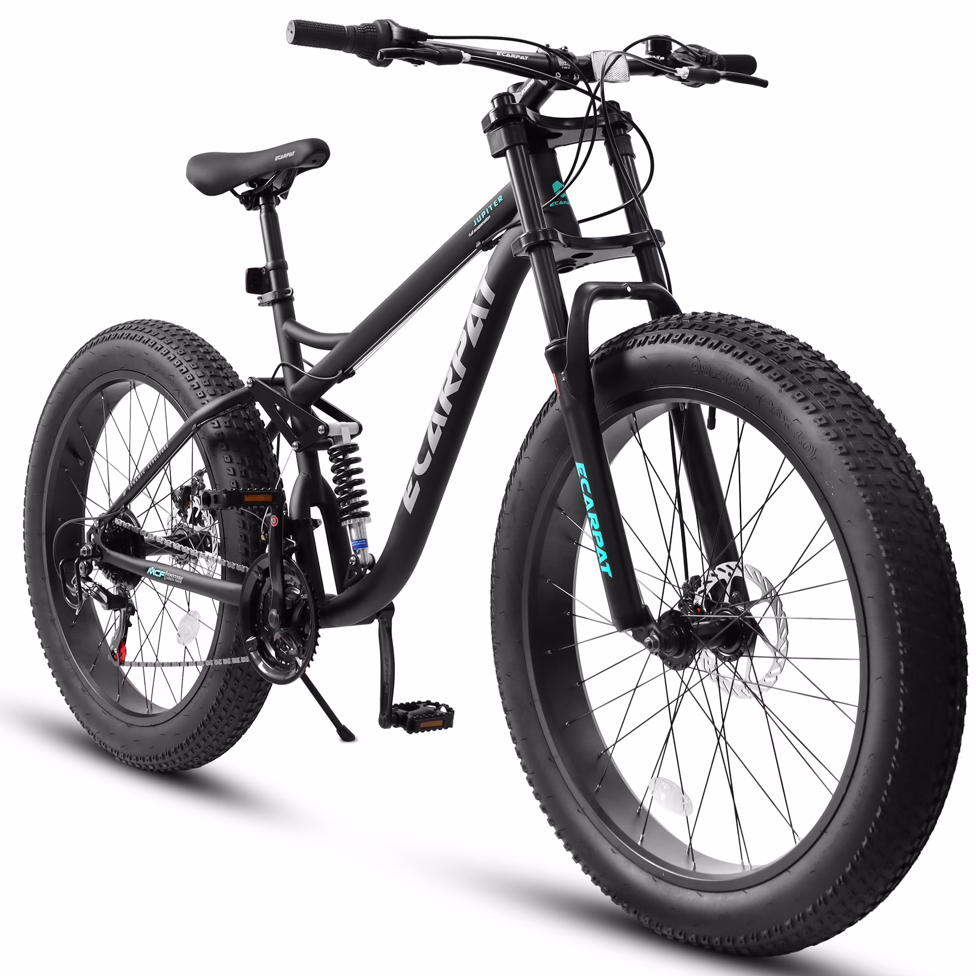 Coowa A26309 26 Inch Full Suspension Mountain Bike for Men, 21-Speed Shimano Gears, 4-Inch Fat Tires, Steel Frame, Disc Brakes, Black, Designed for Snow and Trail Cycling