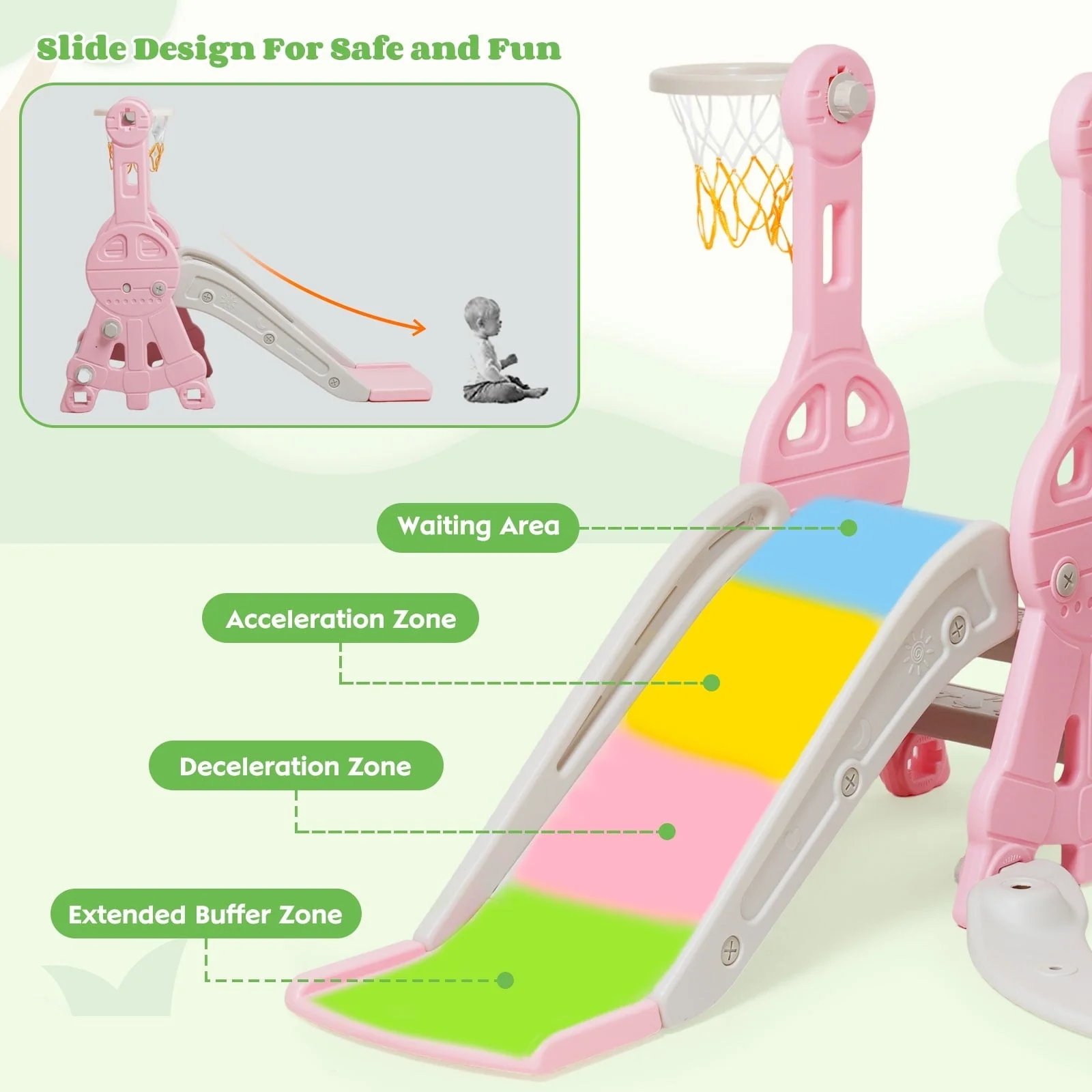 Ealing   4 in 1  Slide and Swing Set for Toddler  Indoor and Outdoor Baby Slide Climber Playset  with Basketball Hoop &  Backyard Playground Swing Slide for Boys and Girl Slide length: 11.02' L Pink