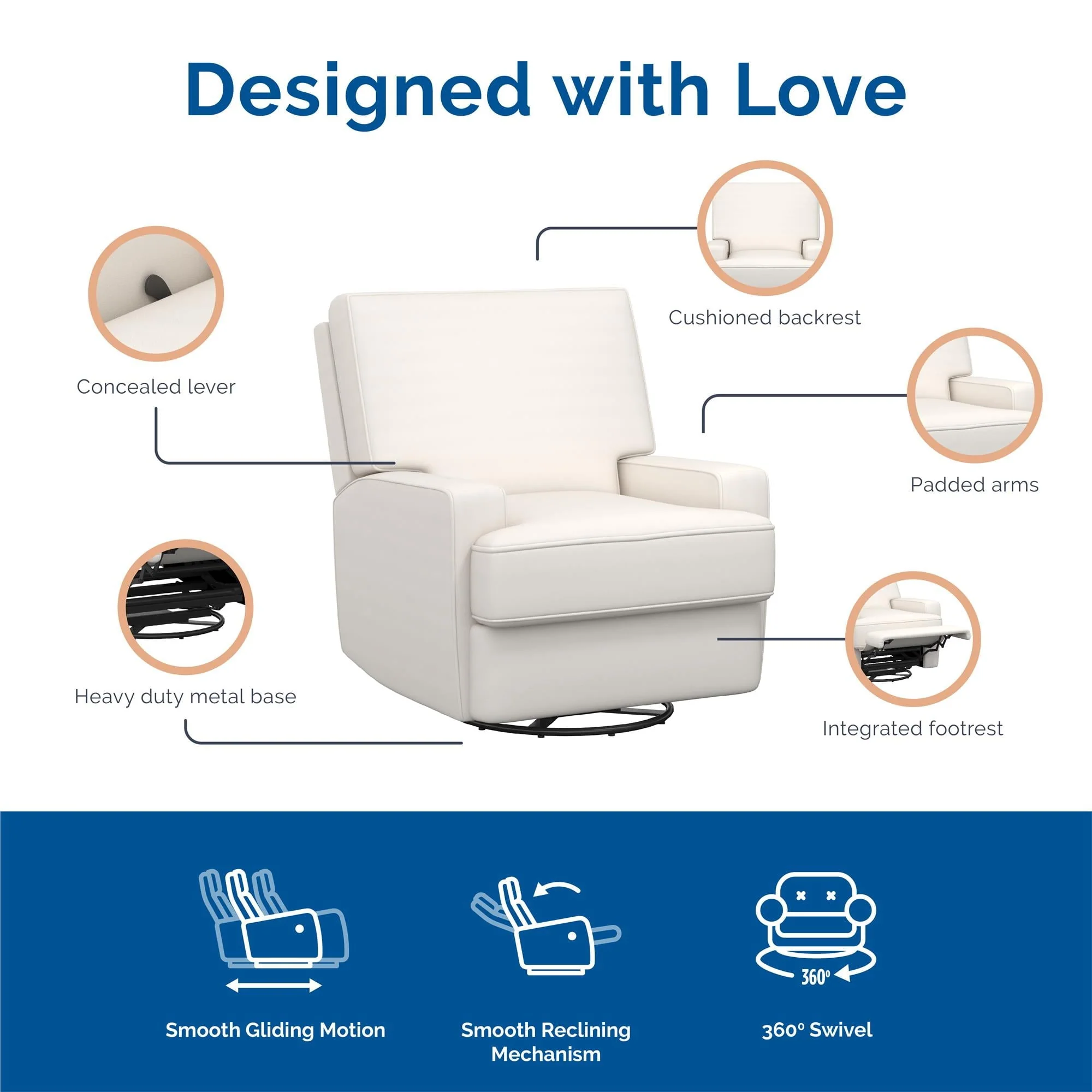 Baby Relax Rylan 4-in-1 Swivel Glider Rocker Recliner Chair, White Linen