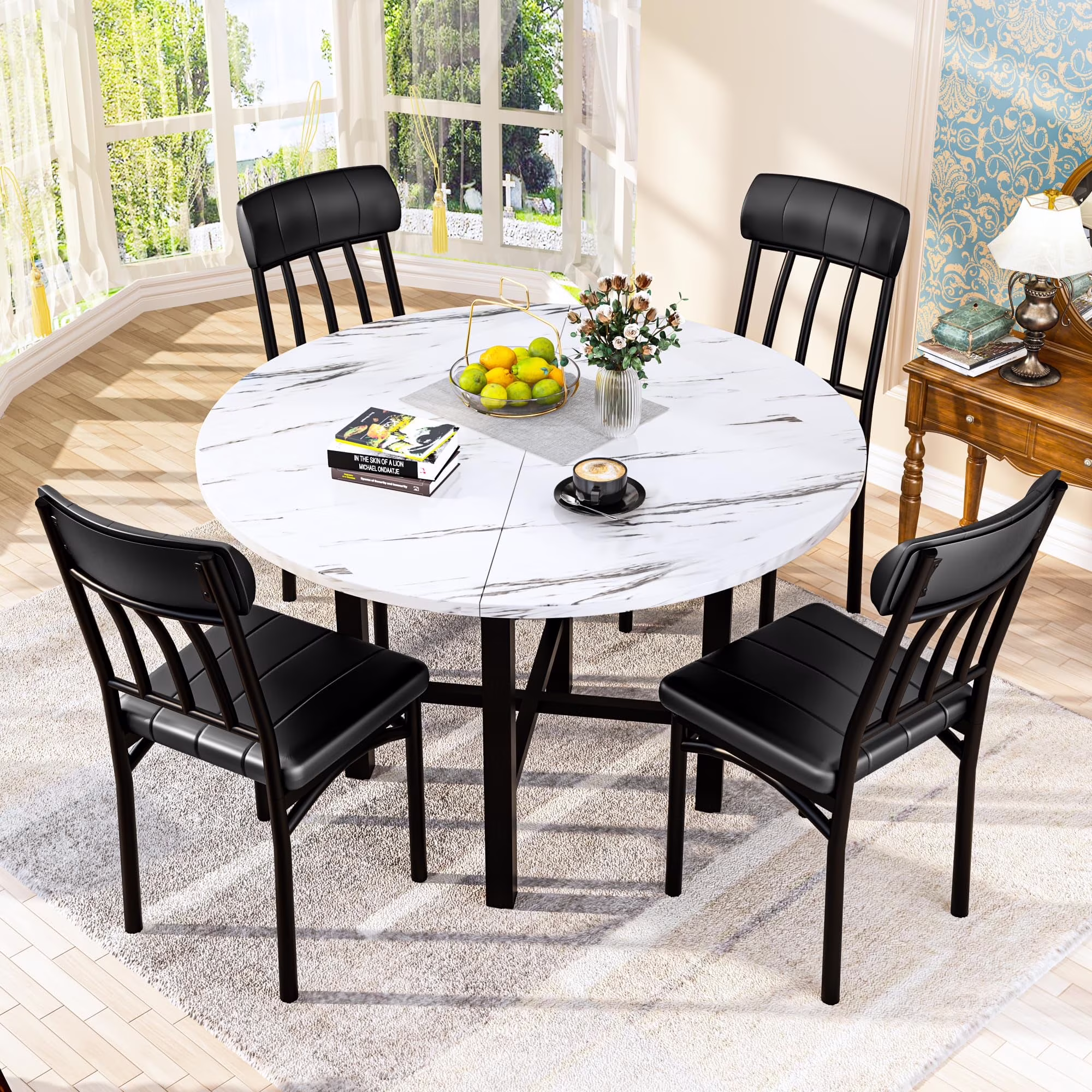 Furlinkhm Round Dining Table Set for 4, Wood Round Kitchen Table and Chairs Set for 4, Modern Dining Room Table Set with 4 Faux Leather Chairs, Round Dinner Table for Small Space, Walnut