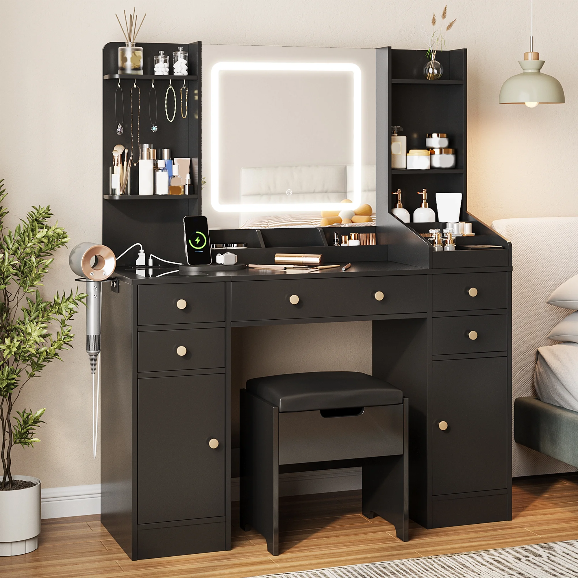 Vanity Set with Mirror and Lights, Makeup Table with Charging Station,5 Drawers & Storage Shelves, White
