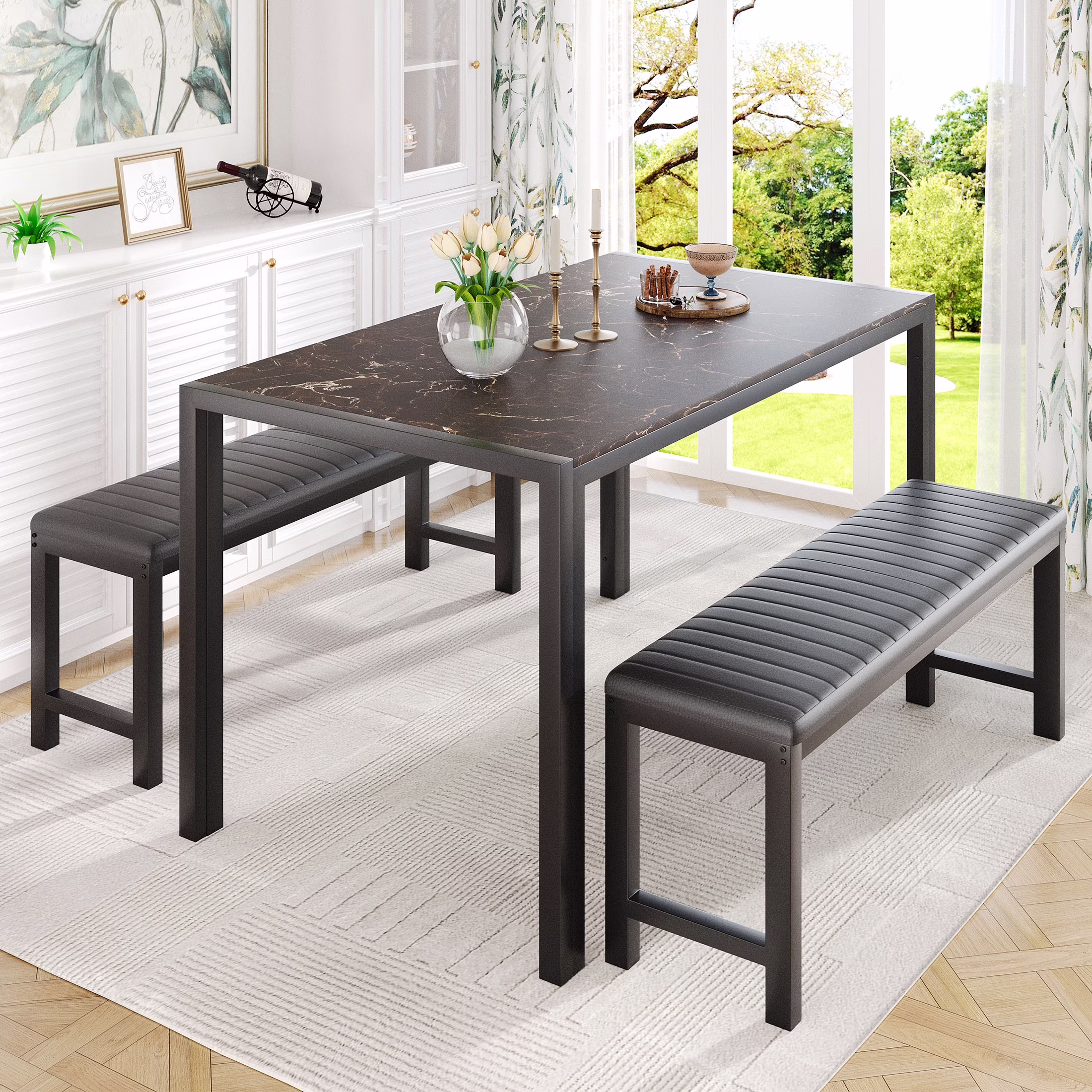UHOMEPRO Dining Room Table Set, 3-Piece Dining Table Set with 2 Benches, Kitchen Table Set for 4 with Metal Frame, Modern Dining Room Set Furniture Set for Bar Dining Room Breakfast Nook, Black