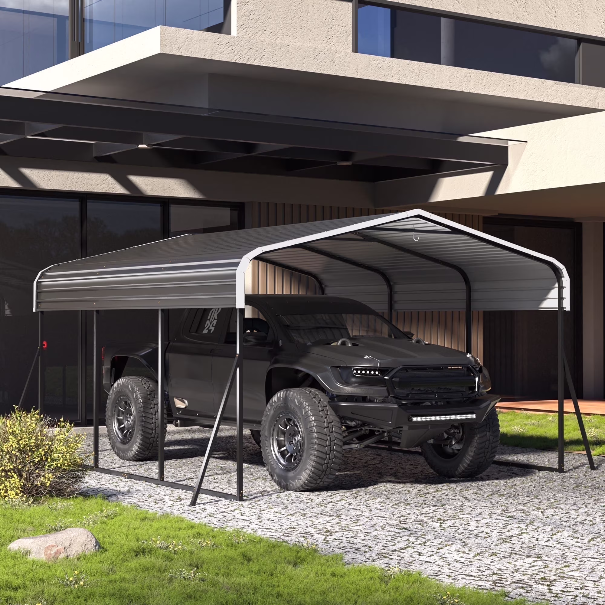 Jaxpety 10' x 15' Outdoor Metal Carport, Galvanized Steel Carport for Car, Truck, SUV, Boat, Black