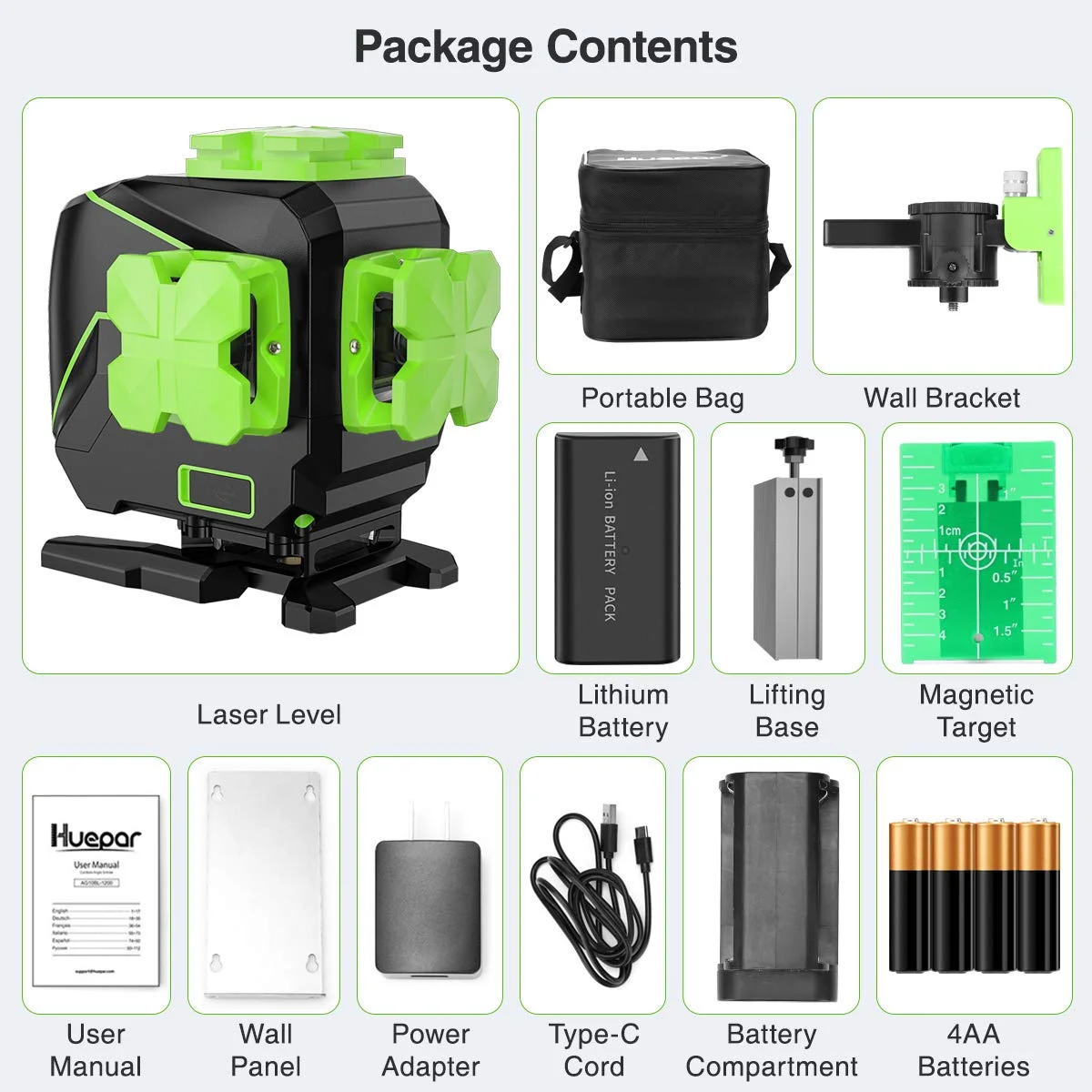 Huepar 3 x 360 Degree Cross Line Laser Level 3D Self-leveling Tiling Floor Green Beam Laser Leveler Tools with Li-ion Battery & Pivoting Base S03DG-L