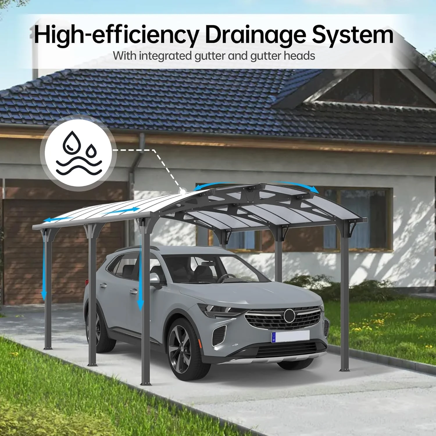 JINSEED 10 x 16ft Metal Carport with Heavy Duty Metal Frame & Pitched-Roof Polycarbonate Panel Canopy, Multi-Purpose Shelter for Car, Truck, SUV, Tractor, and Boat,Gray