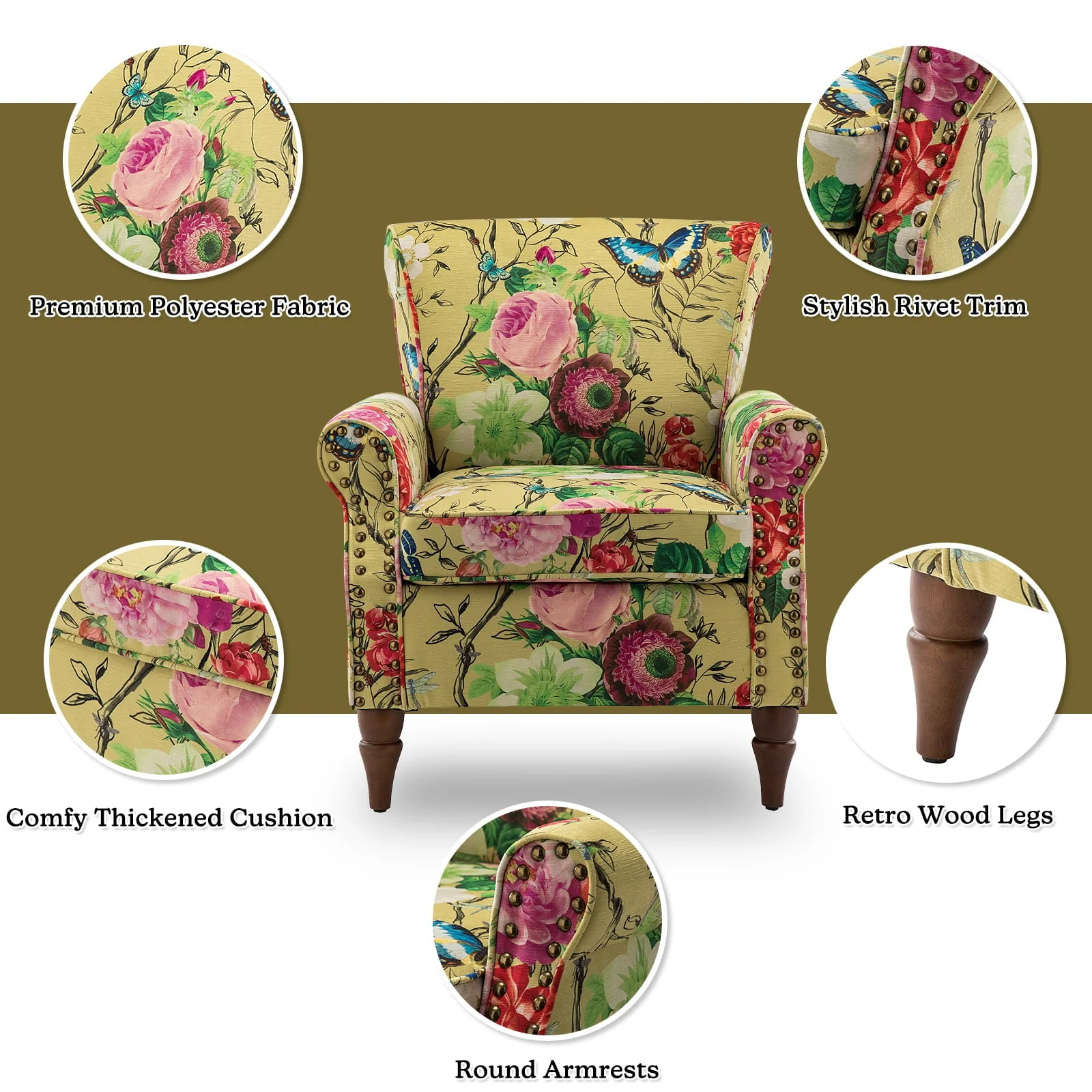 14 Karat Home Wingback Accent Chair Removable Cushion Floral Upholstered Sofa Armchair Couch Wood Legs Nailhead Trim Mustard