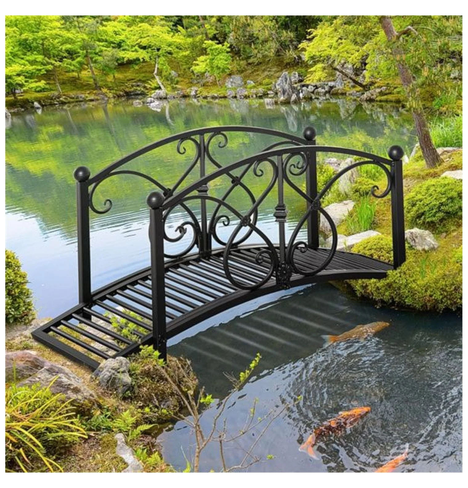 Garden Bridge - Decorative Steel Arch Bridge for Walkways, Fish Ponds & Streams - Black, 40.25