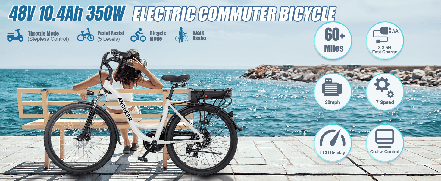 ANCHEER Electric Bike for Adults, 48V 500Wh EBike, UP to 60 Miles, 3.5H Fast-Charge Removable Battery, 26