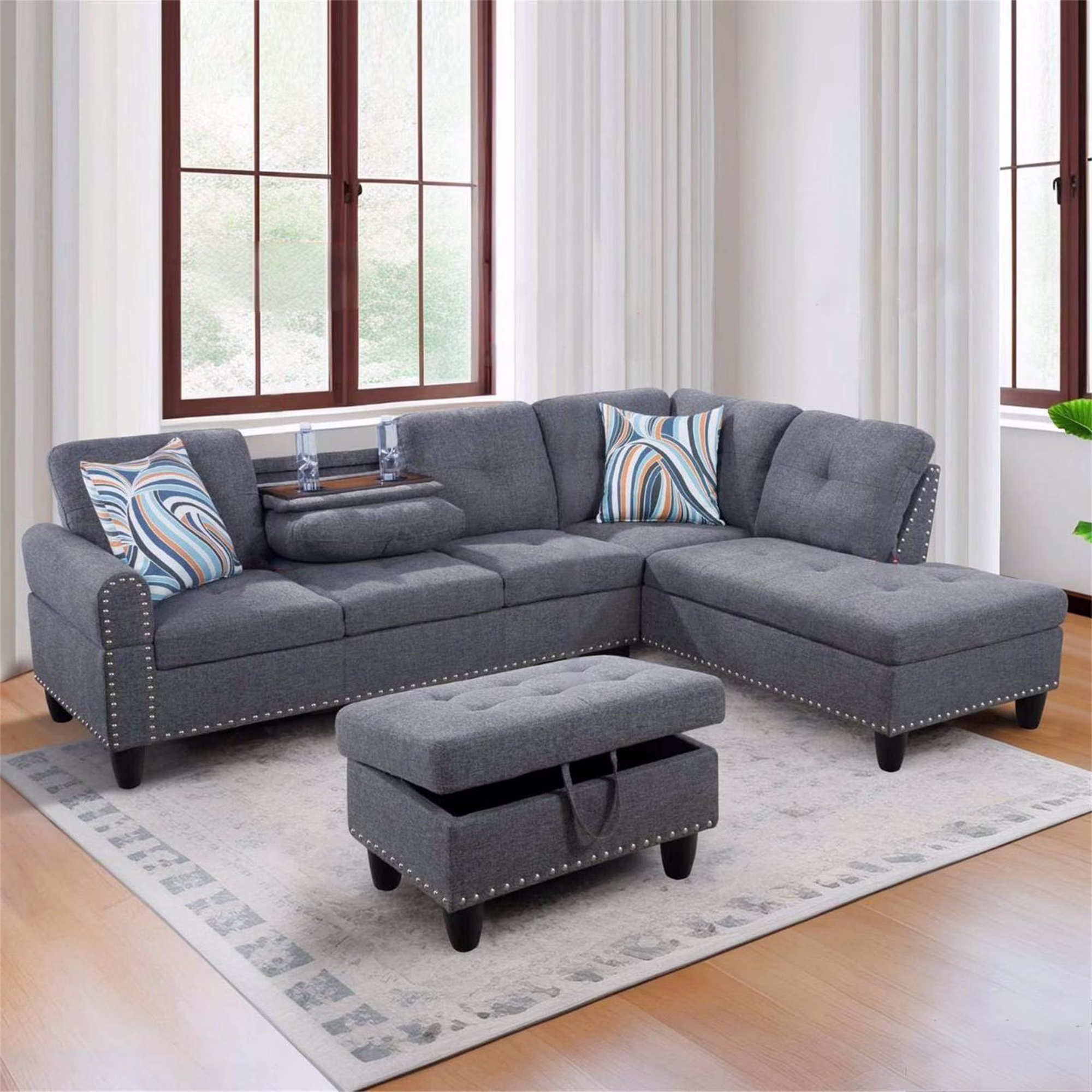 Aukfa 3 Piece Sectional Sofa, Living Room Couch with Storage Ottoman&Cup Holder, Linen, Left Hand, Black Gray