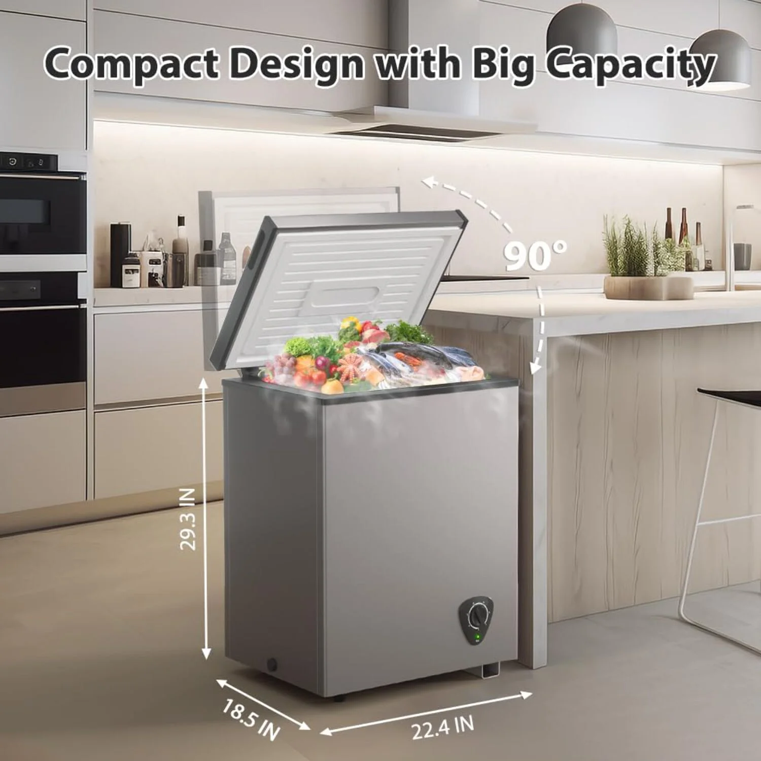 Ecotronic 3.8 Cu Ft Compact Chest Freezer, Grey, Low Noise, Energy Saving, 7-Gear Temperature Control