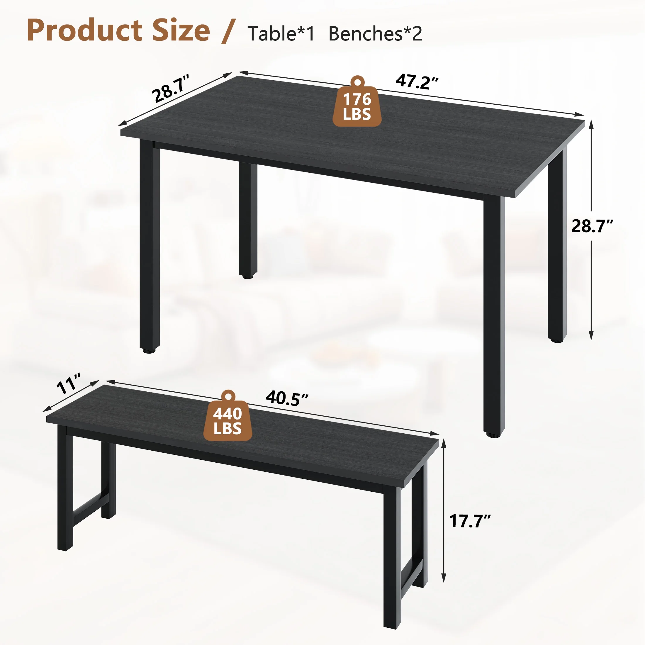 UHOMEPRO Dining Room Table Set, 3-Piece Dining Table Set with 2 Benches, Kitchen Table Set for 4 with Metal Frame, Modern Dining Room Set Furniture Set for Bar Dining Room Breakfast Nook, Black