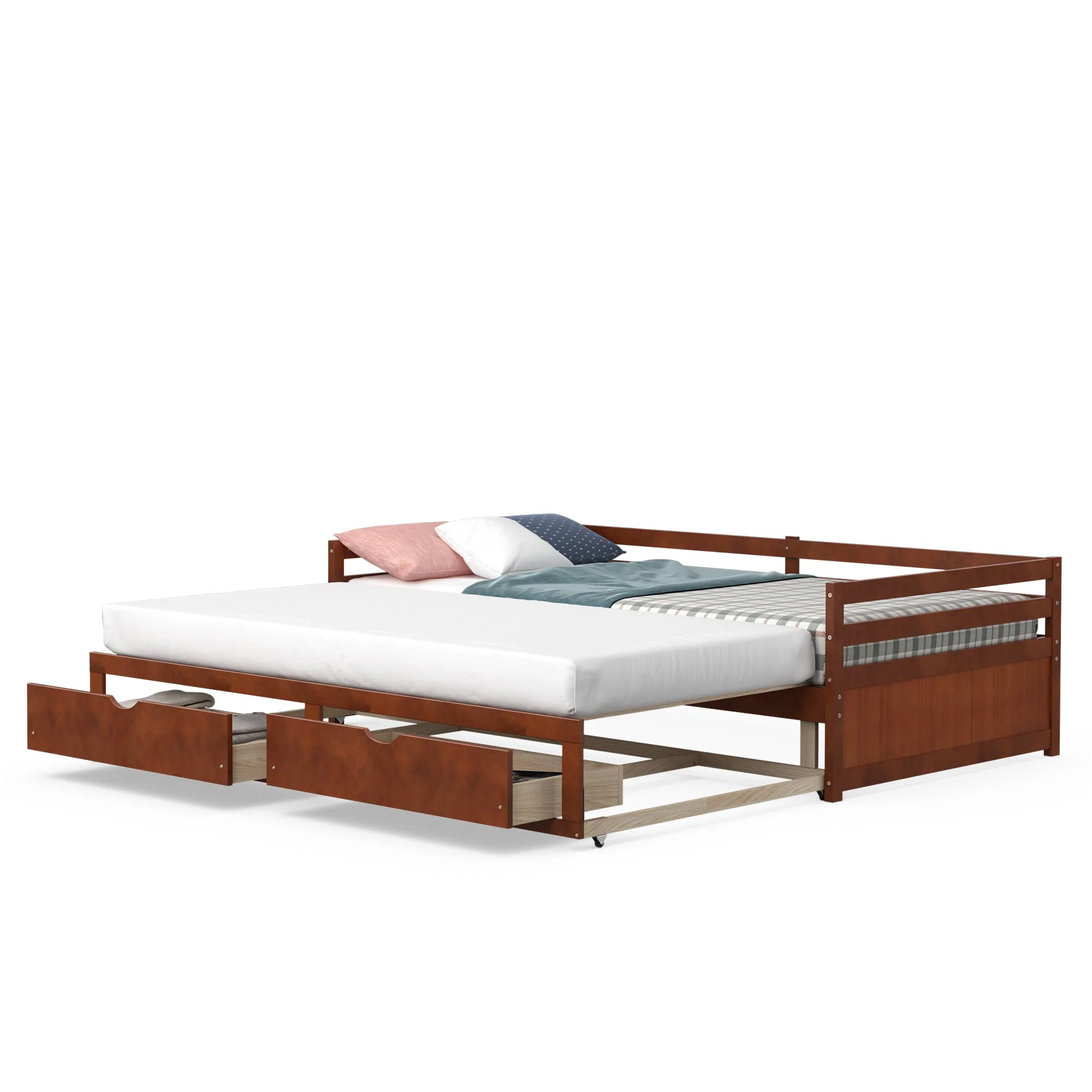 Costway Twin to King Daybed with  2 Drawers Wooden Sofa Bed for Bedroom Living Room Cherry