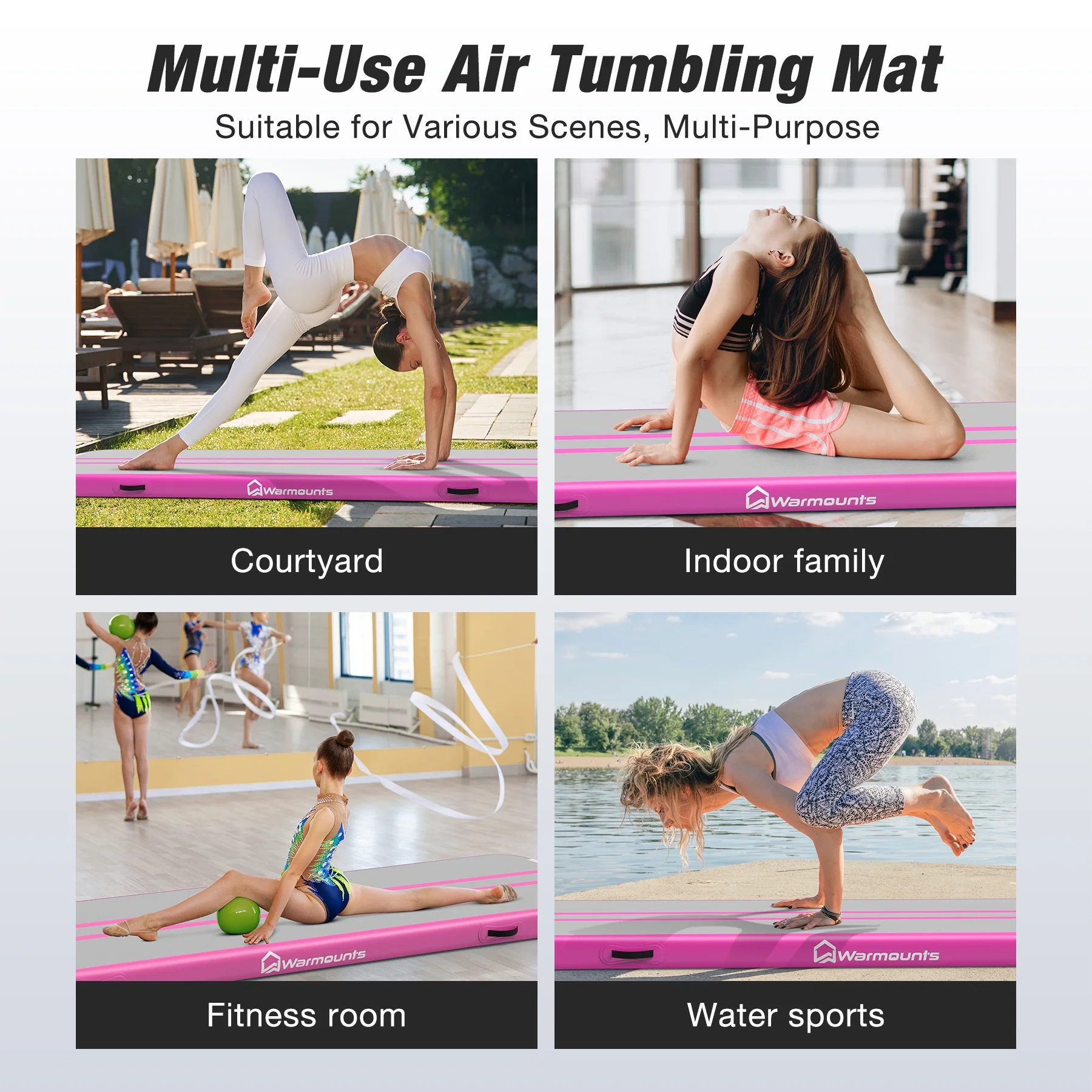WARMOUNTS Tumbling Mat, 10 ft Inflatable Air Gymnastics Training Mats w/ Electric Pump, 4'' Thick Tumble Track for Home, Gym, Cheerleading, Water, Outdoor