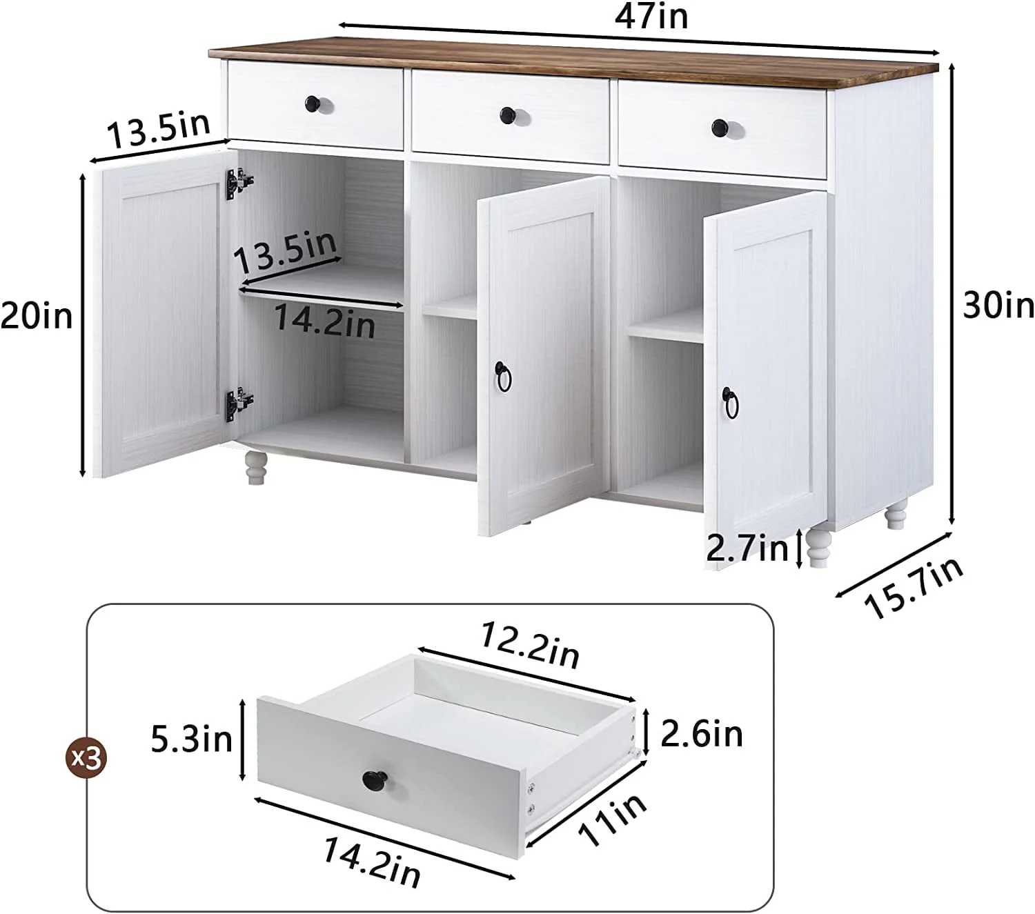 Catrimown Sideboard Buffet Cabinet, Mid-Century Kitchen Storage Cabinet with 3 Drawers & 3 Doors, Coffee Bar Cabinet with 3 Adjustable Shelves, White