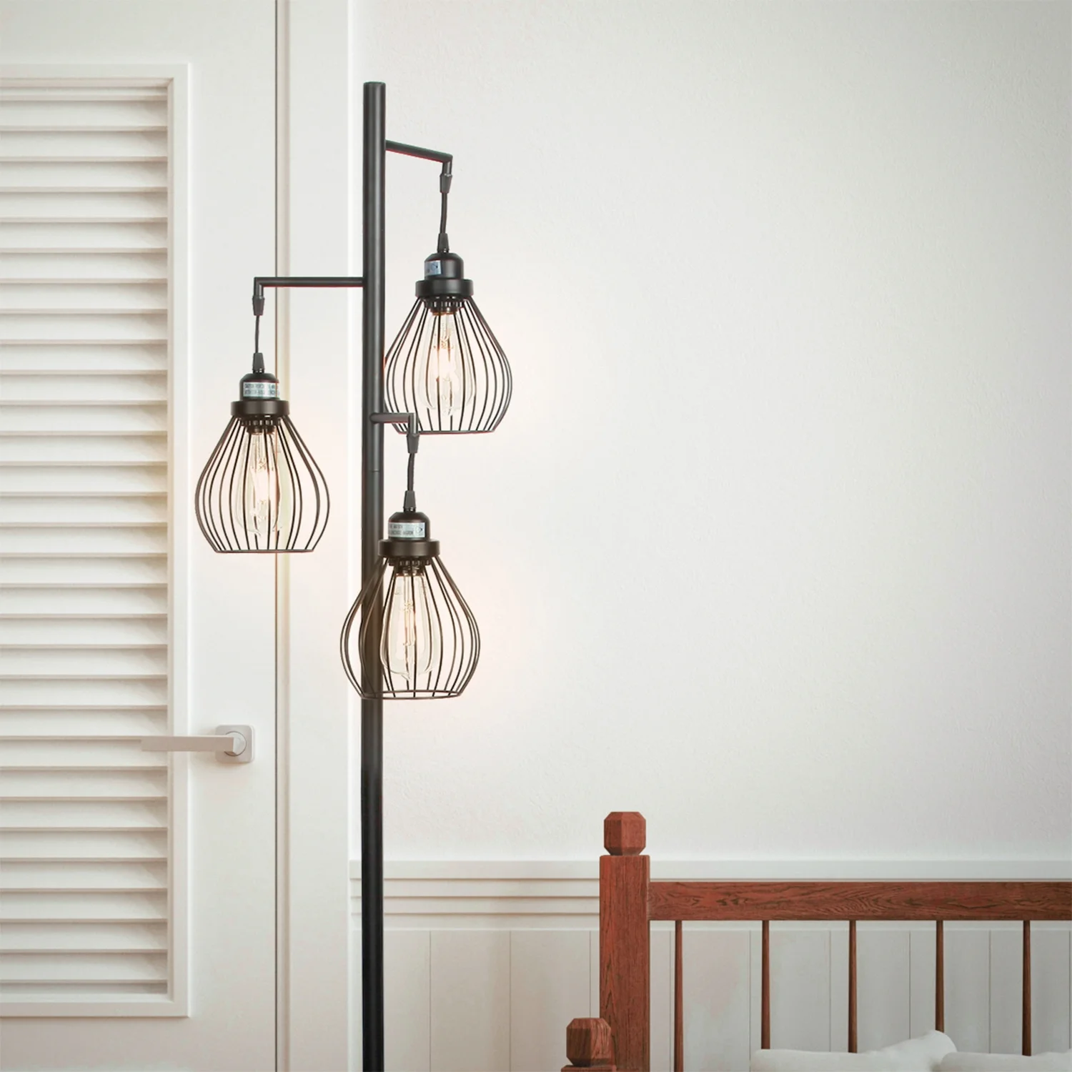 Brightech Teardrop Standing Floor LED Light Lamp Pole with 3 Cage Heads, Black