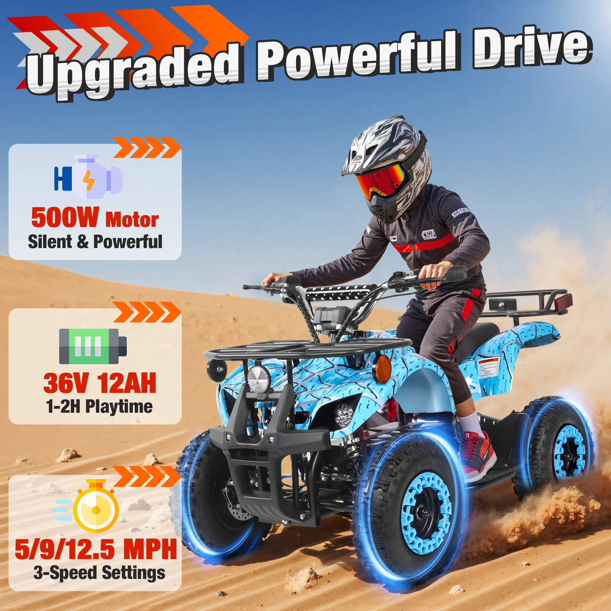ATV for Kids, 36 Volt Ride on Toys, 500w Motor Quad Bike for Big Kids, Power Car Wheel with Metal Frame, Speed Control, Suspension, Black
