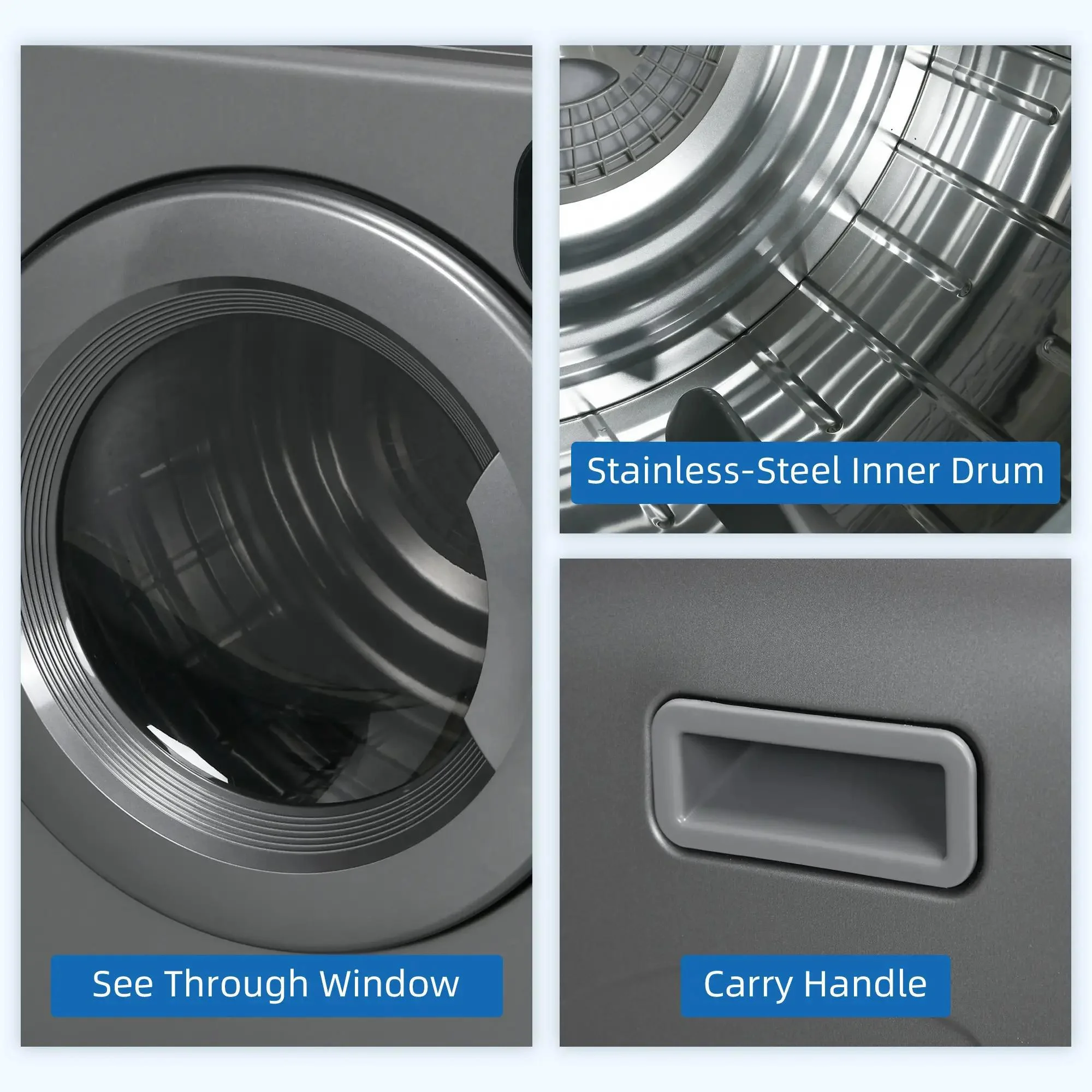 Resenkos Compact Laundry Dryer 1300W Portable Clothes Dryer with 3.2 cu.ft Stainless Steel Drum, Front Load Electric Dryer, Gray