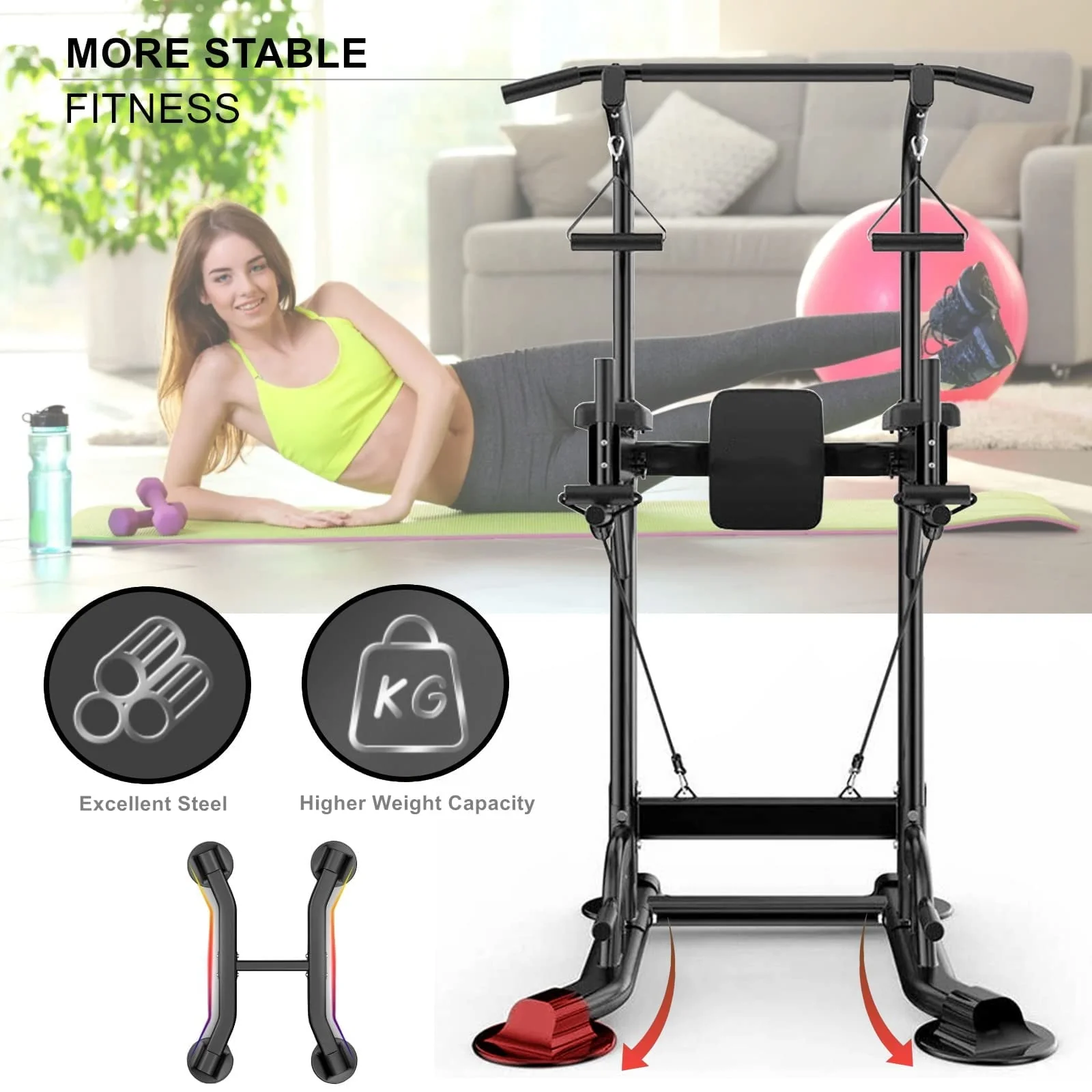 PROHIKER Power Tower Dip Station, Pull Up Bar Stand Power Rack with Backrest and Resistance Band, Height Adjustable Strength Training Equipment for Fitness Home Workout, Black