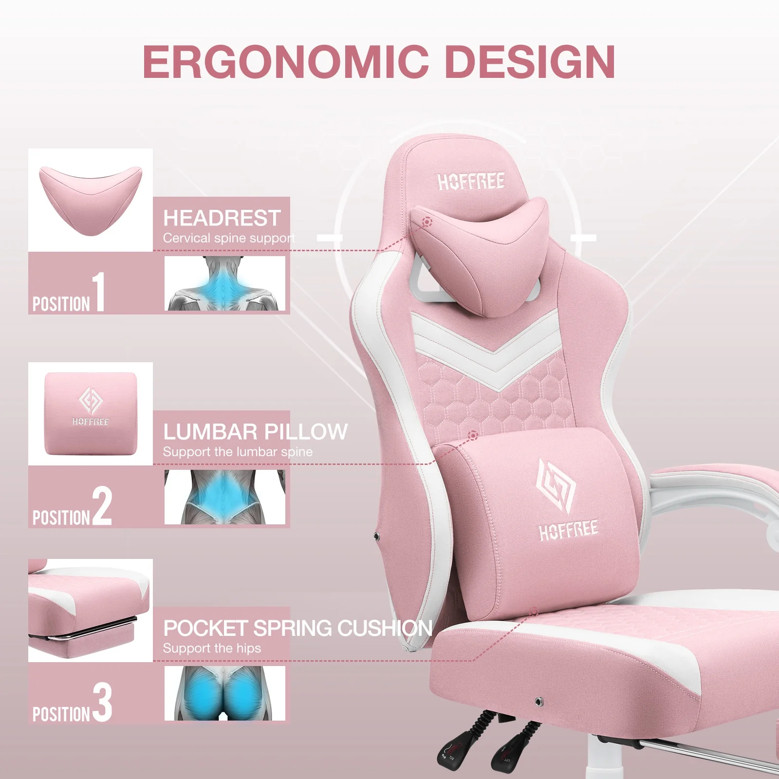 Hoffree Gaming Chair with Speakers Fabric Gamer Chair with footrest and massage Big and Tall Video Game Chair with Headrest and Lumbar Support for Adults