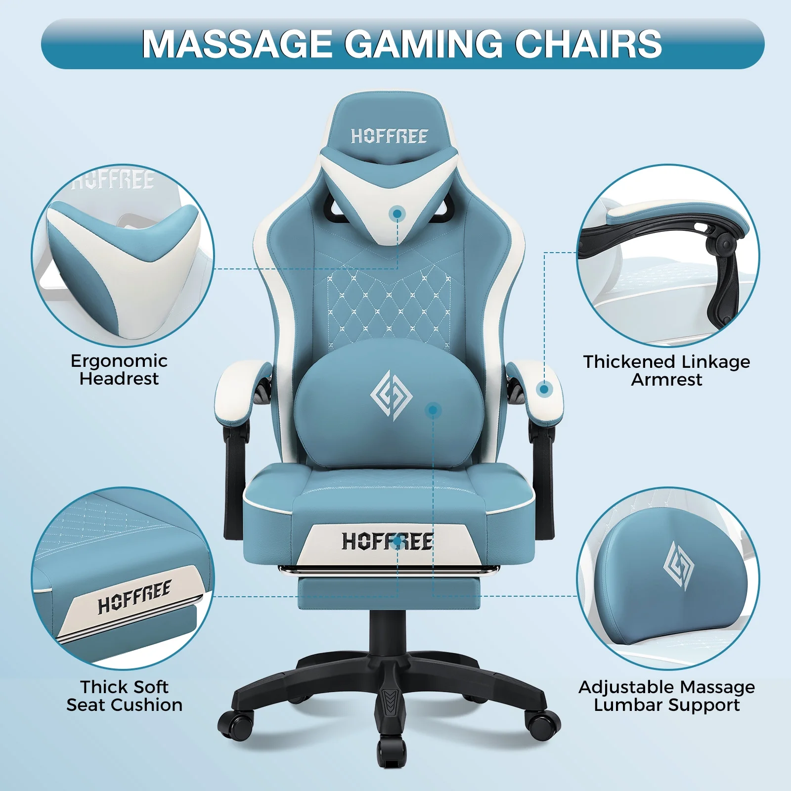 Hoffree Gaming Chair with Speakers PU Gamer Chair with footrest and massage Egonomic Computer Game Chair with Headrest and Lumbar Support for Adults and Office Gaming, 440 LBS