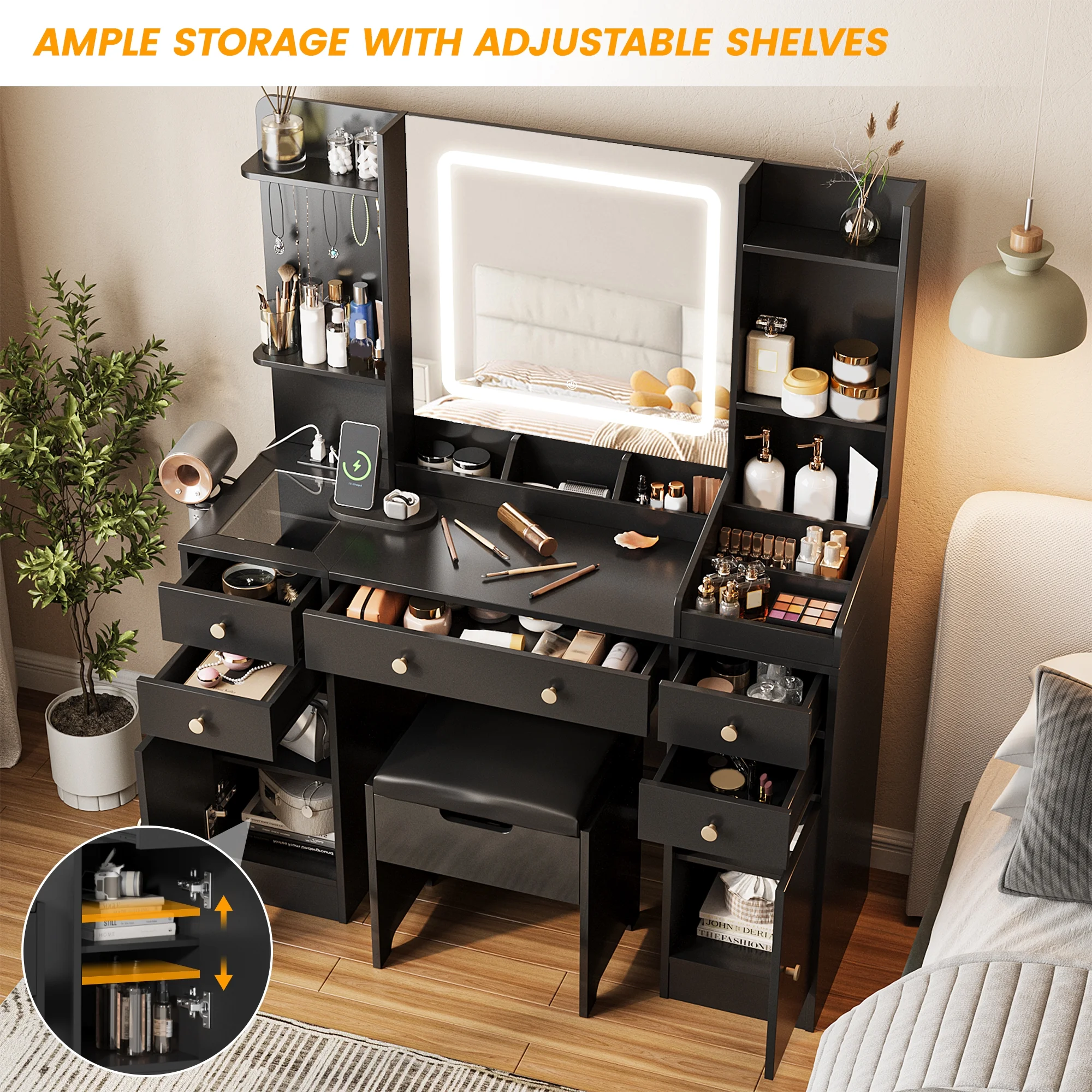 Vanity Set with Mirror and Lights, Makeup Table with Charging Station,5 Drawers & Storage Shelves, White