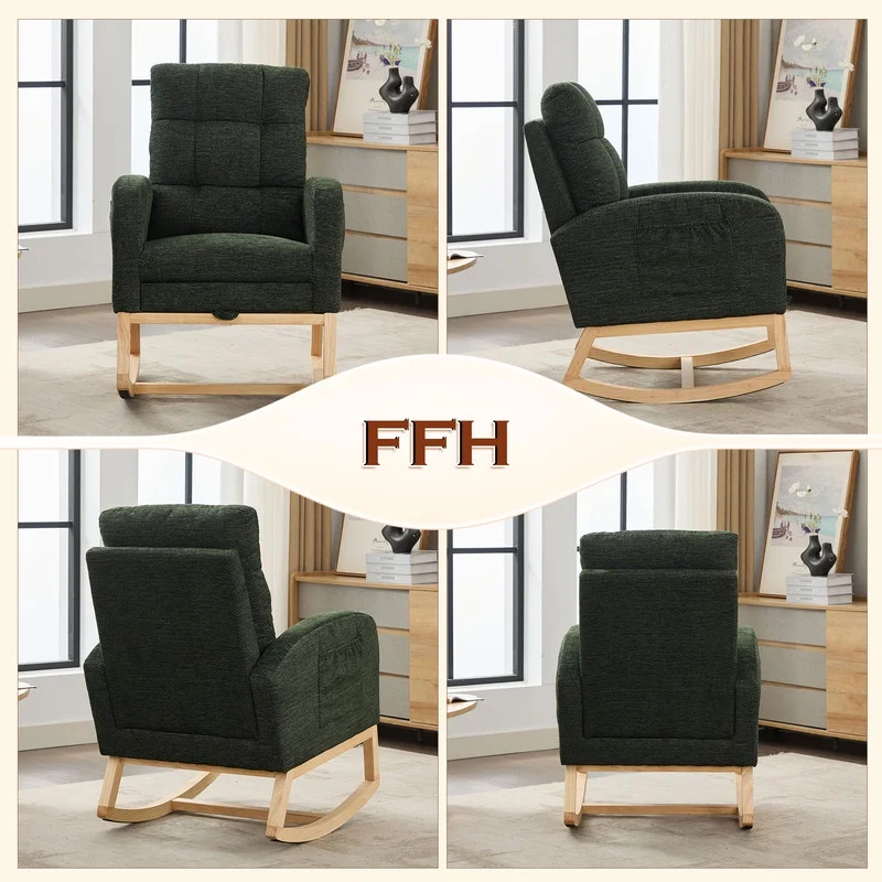 FFH Rocking Chair Nursery, Tufted Accent Rocker Chair, Upholstered Armchair with Adjustable Footrest, Side Pocket, High Backrest, Padded Seat, Polyester Blend (Retro, Dark Gray)